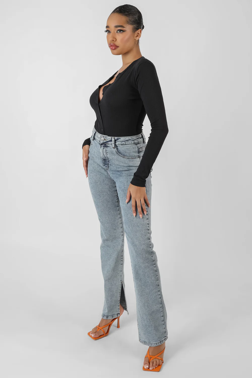 FRONT BUTTON LONG SLEEVE RIBBED BODYSUIT BLACK - Image 3