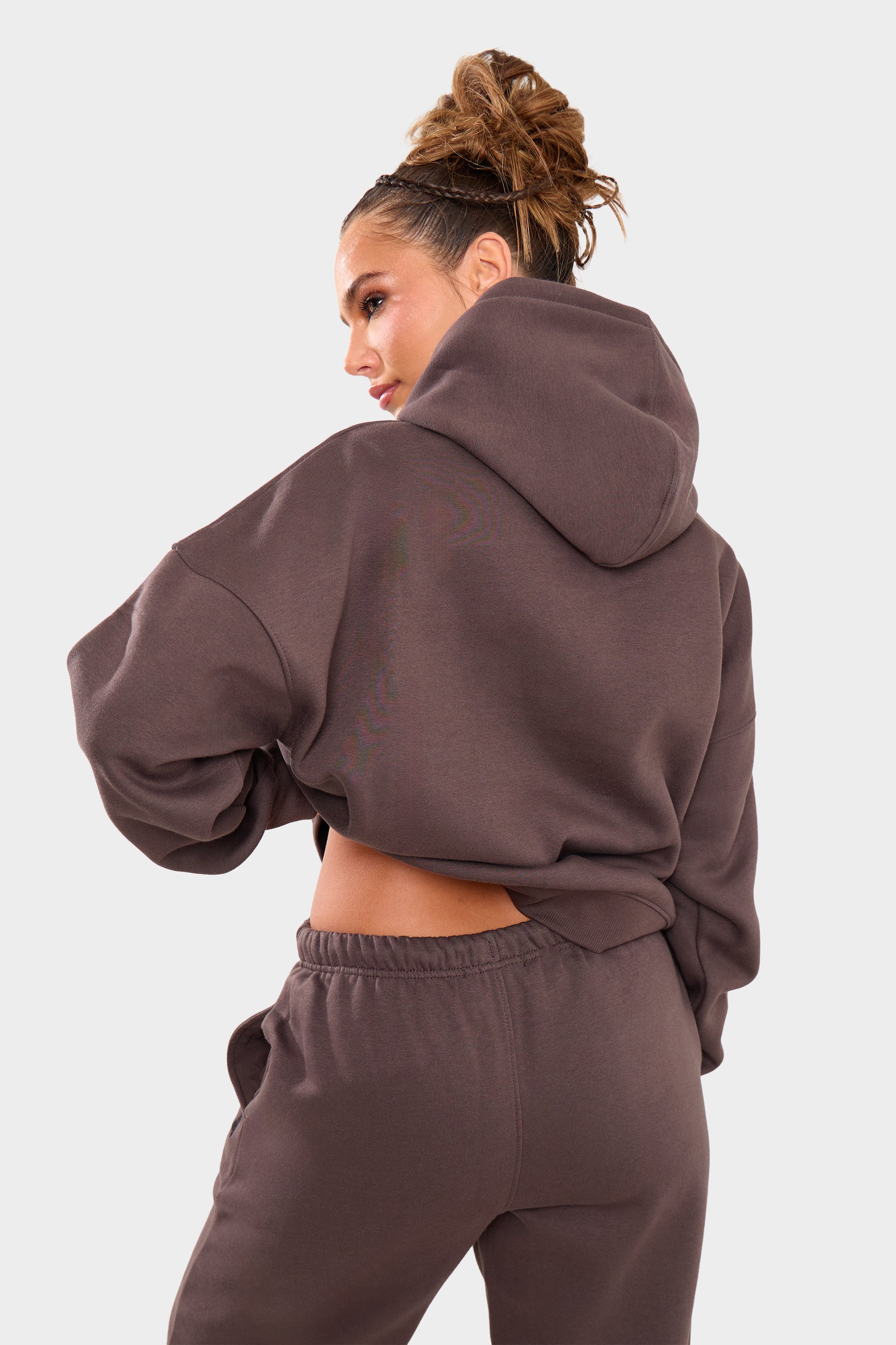 Kaiia Borg Slogan Oversized Hoodie Chocolate - Image 4