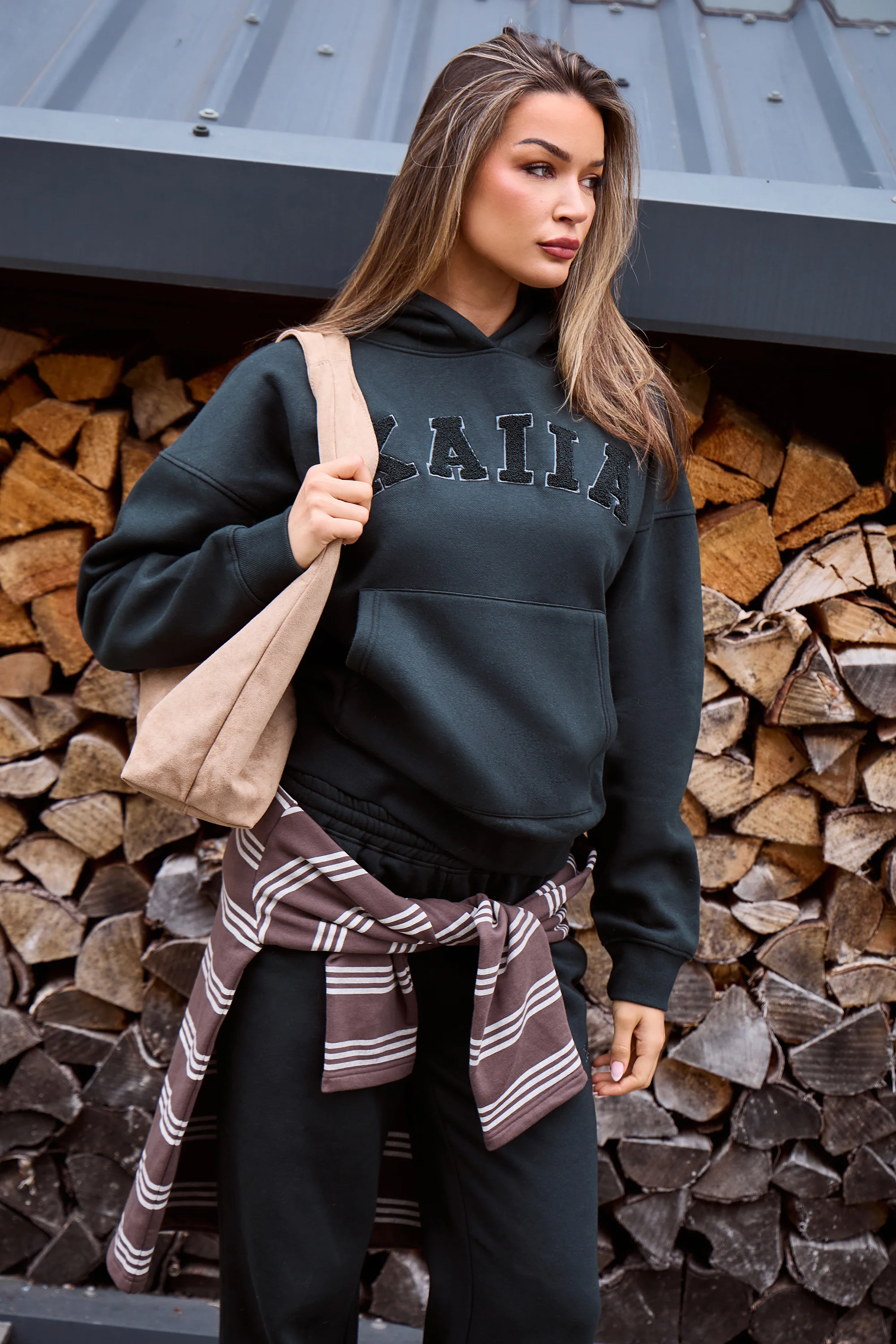 Kaiia Borg Slogan Oversized Hoodie Dark Pine Green