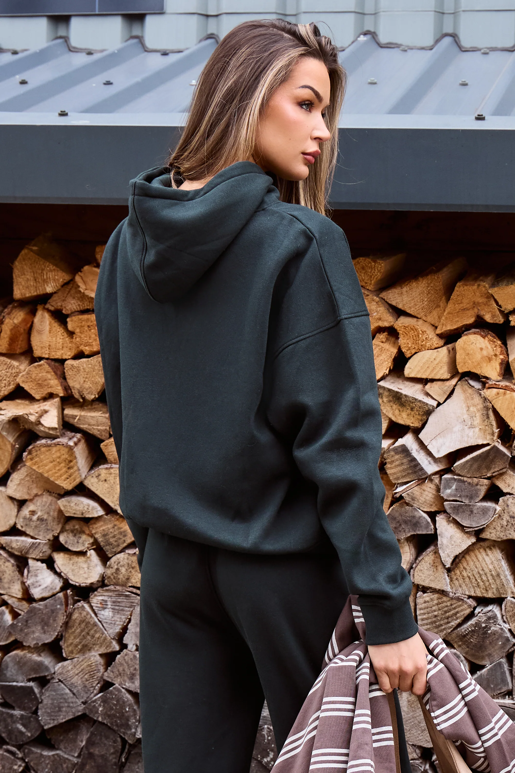 Kaiia Borg Slogan Oversized Hoodie Dark Pine Green - Image 3