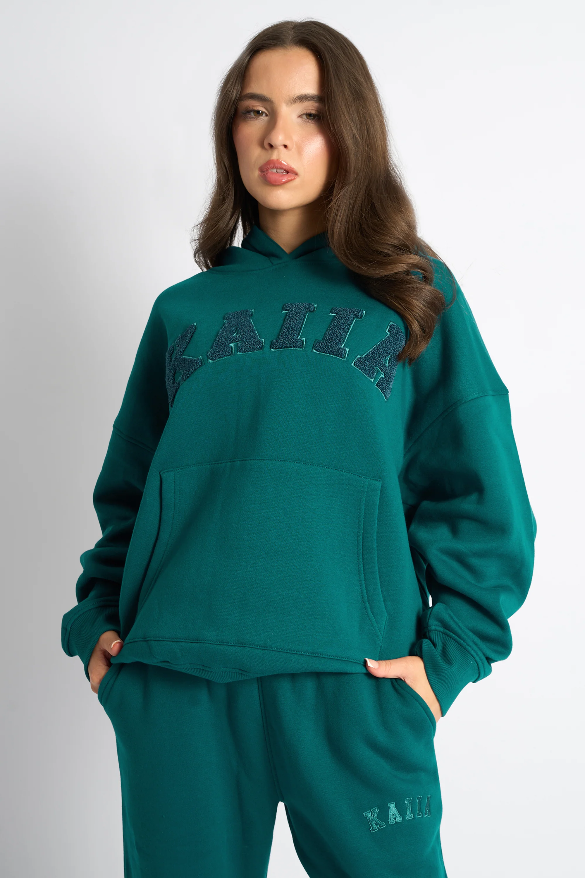 Kaiia Borg Slogan Oversized Hoodie Teal - Image 2