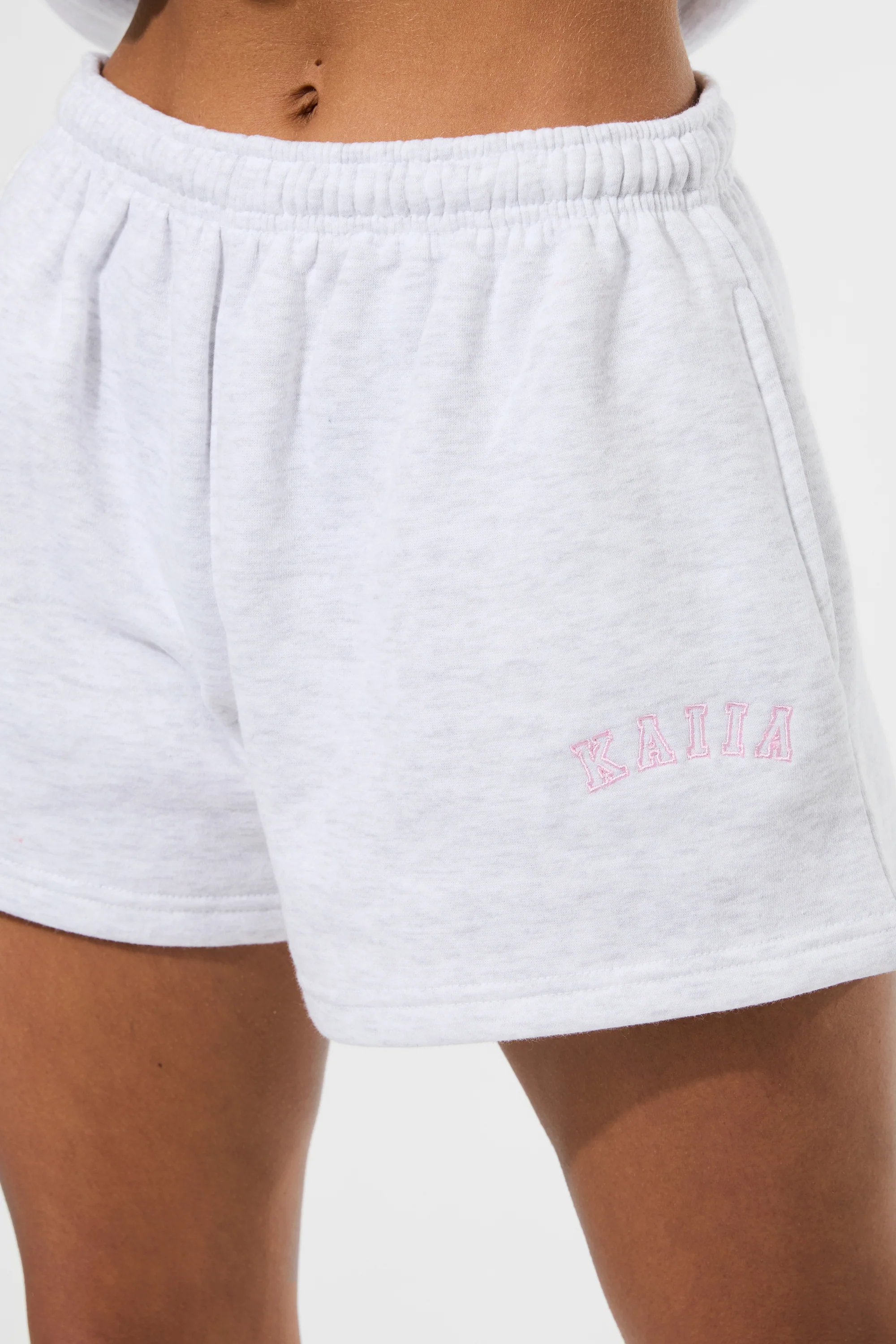 Kaiia Bow Embroidered Sweat Shorts Light Grey Marl & Baby Pink - Image 2