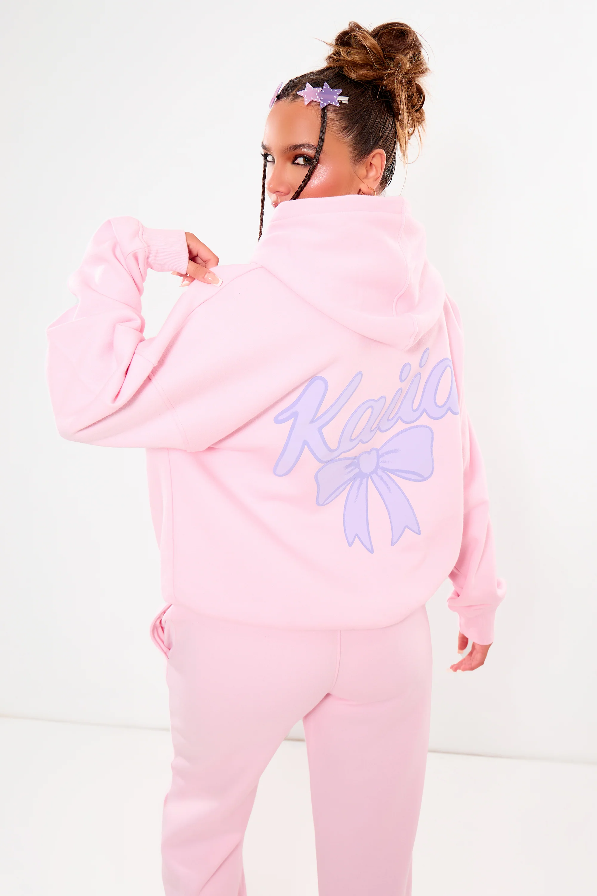 Kaiia Bow Graphic Oversized Hoodie Pink & Lilac - Image 4