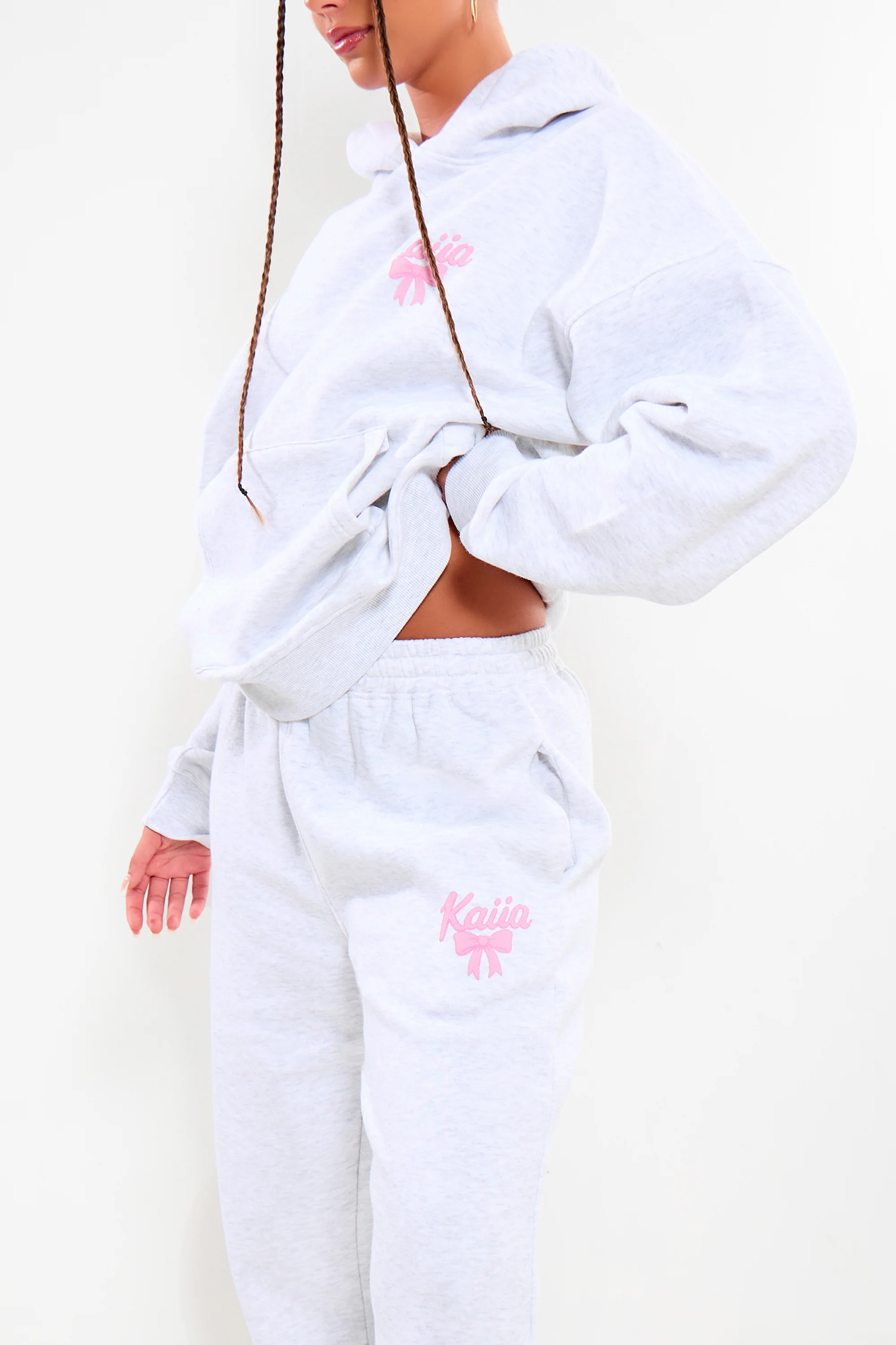 Kaiia Bow Graphic Wide Leg Joggers Light Grey Marl & Pink - Image 6