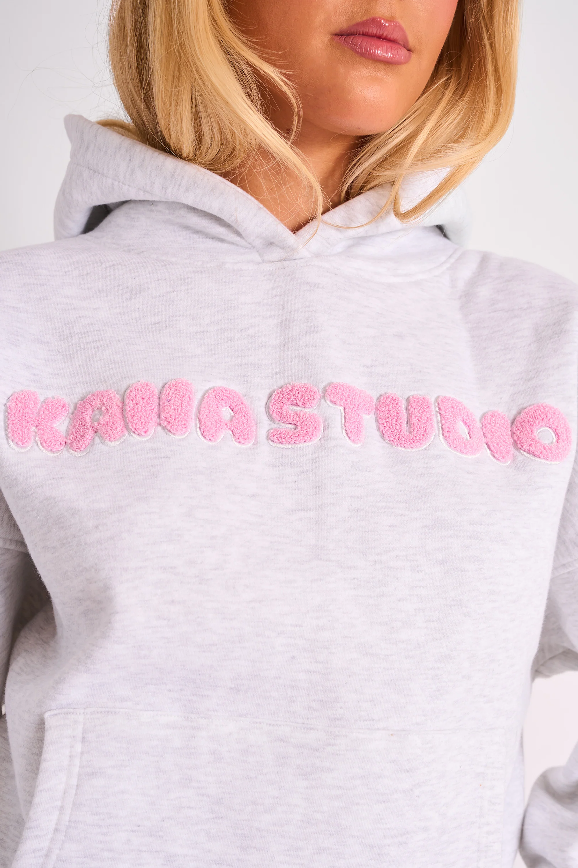 Kaiia Studio Borg Bubble Logo Oversized Hoodie Grey Marl & Pink - Image 4