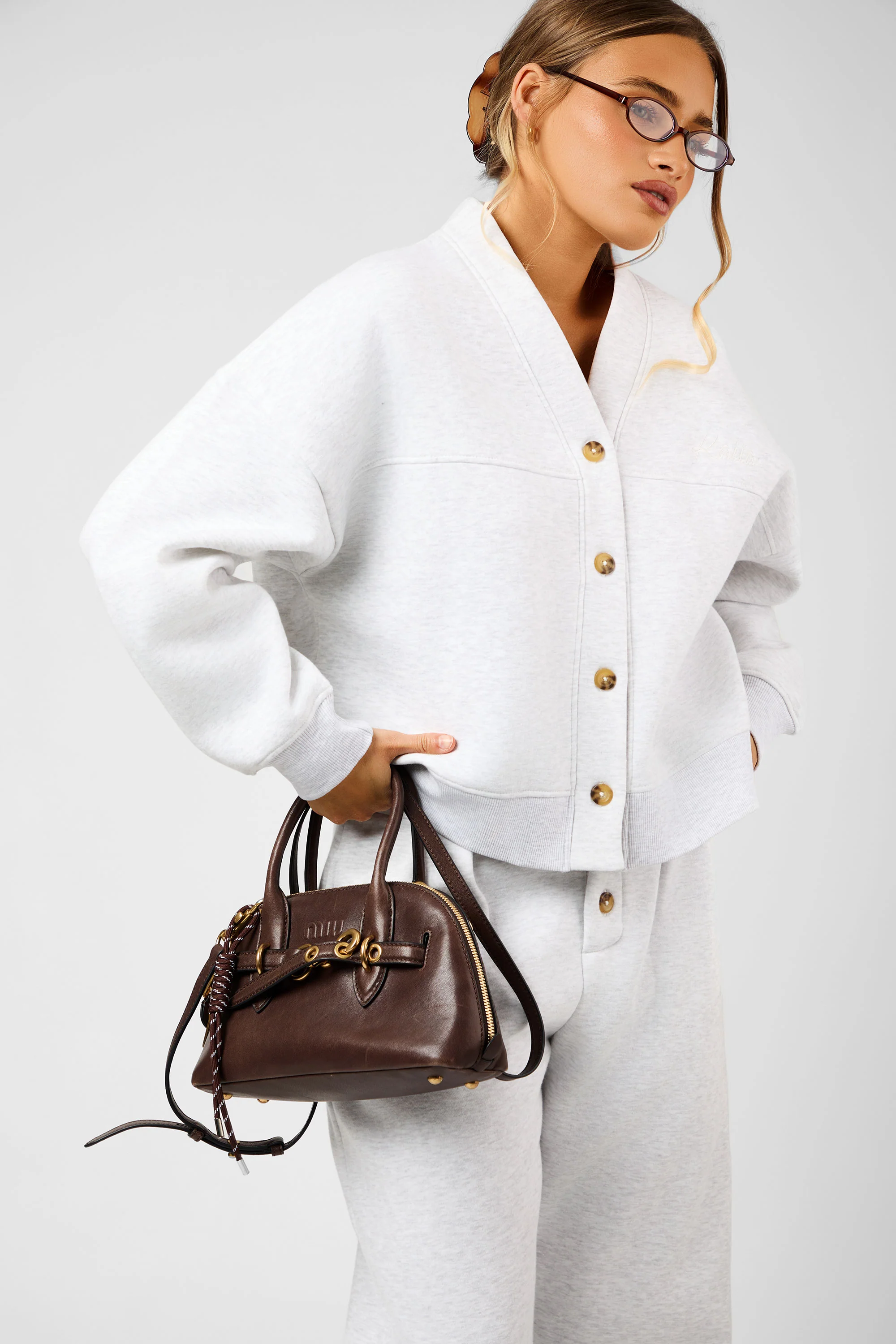 Kaiia Script Logo Button Down Detail Sweat Cardigan Light Grey Marl