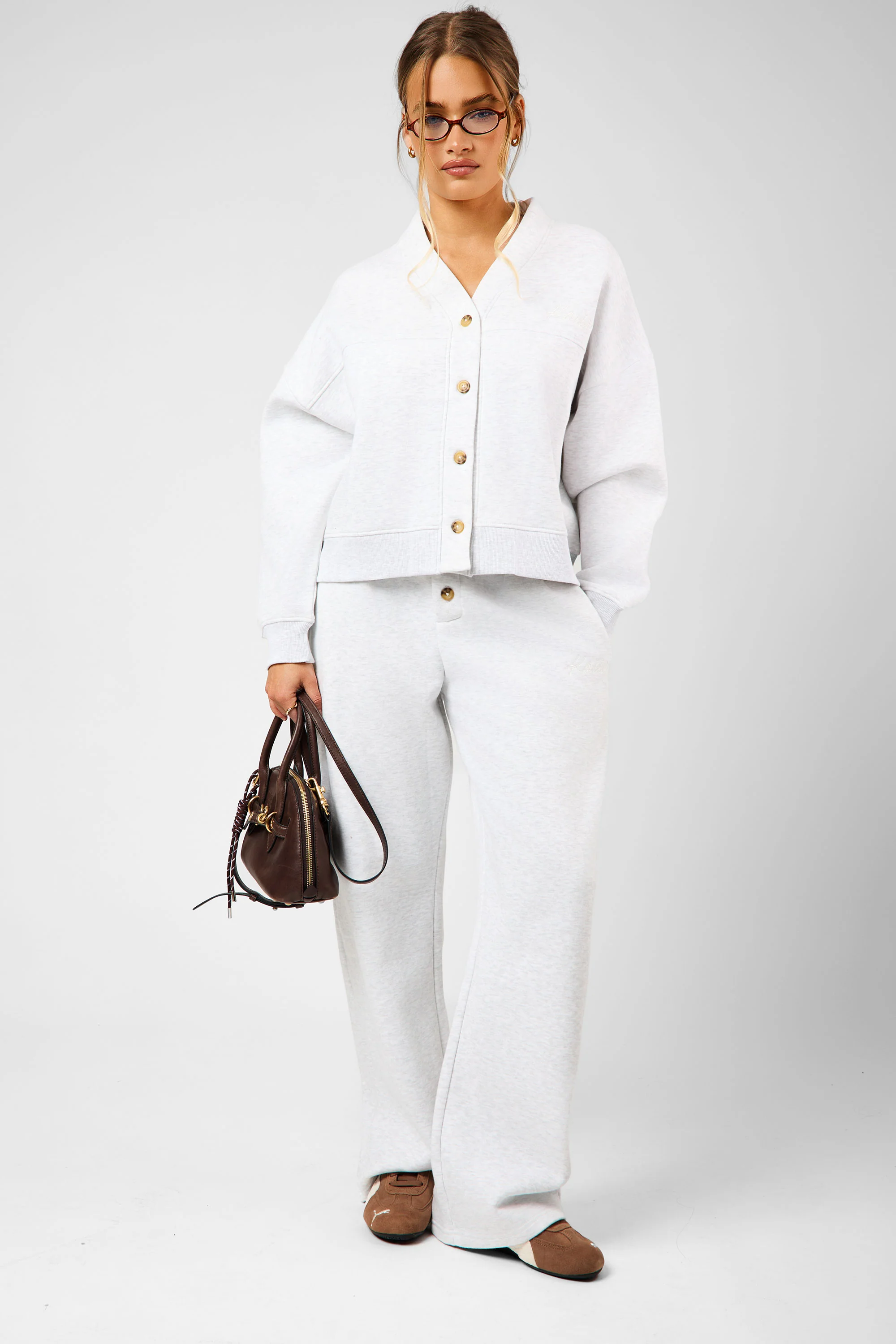 Kaiia Script Logo Button Down Detail Sweat Cardigan Light Grey Marl - Image 3