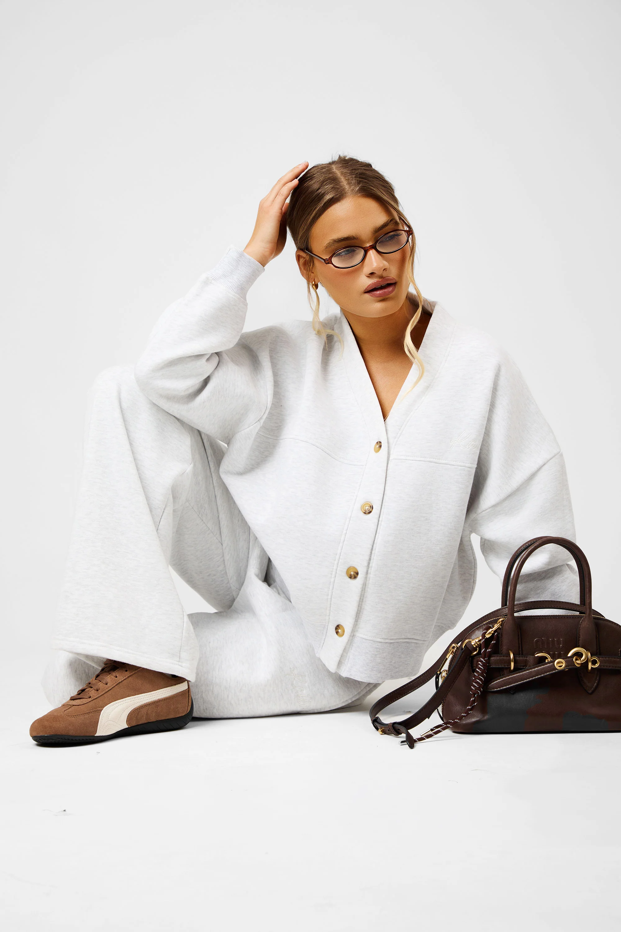 Kaiia Script Logo Button Down Detail Sweat Cardigan Light Grey Marl - Image 4