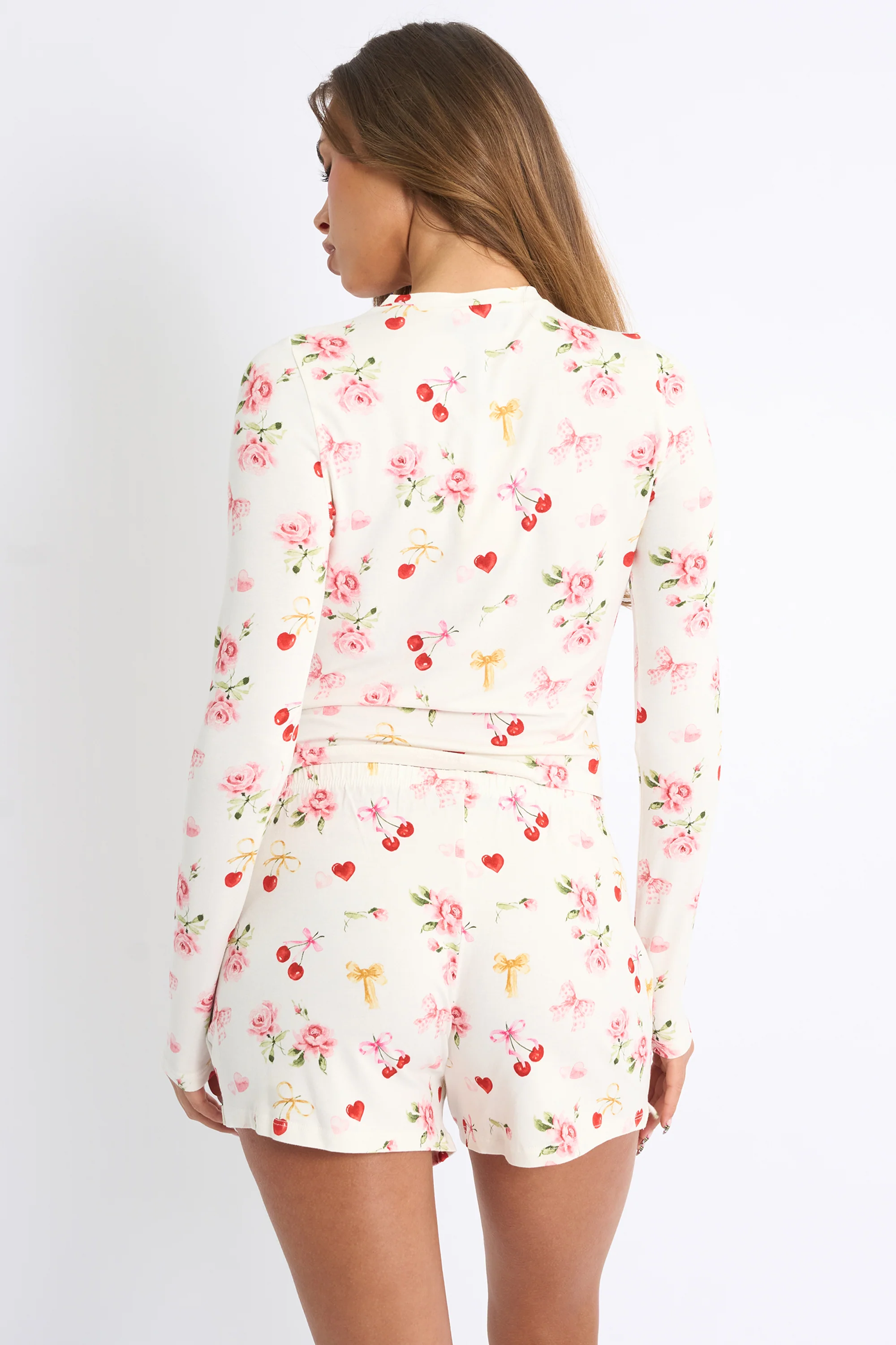 Kaiia Cherry Rose Print Button Up Long Sleeve Top & Shorts PJ Set Cream - Image 3
