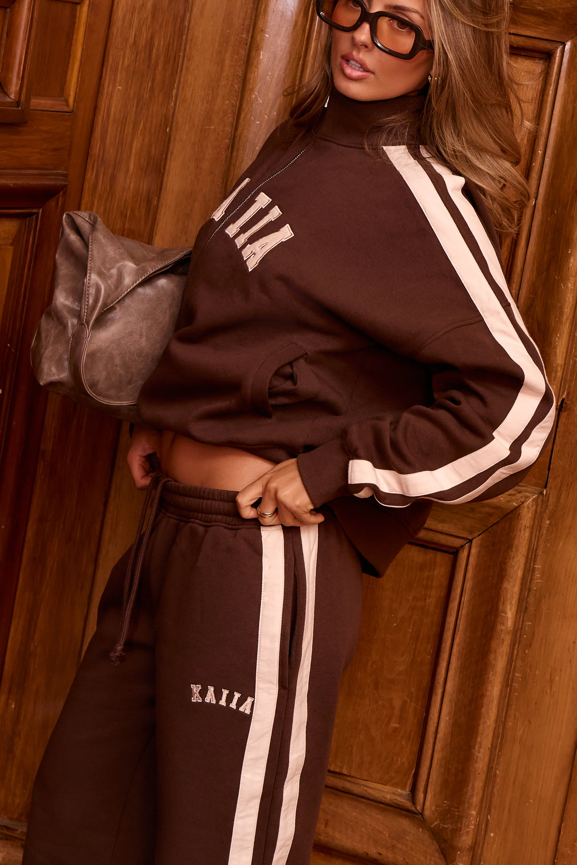 Kaiia Sport Stripe Wide Leg Joggers Bitter Chocolate & Cream - Image 2