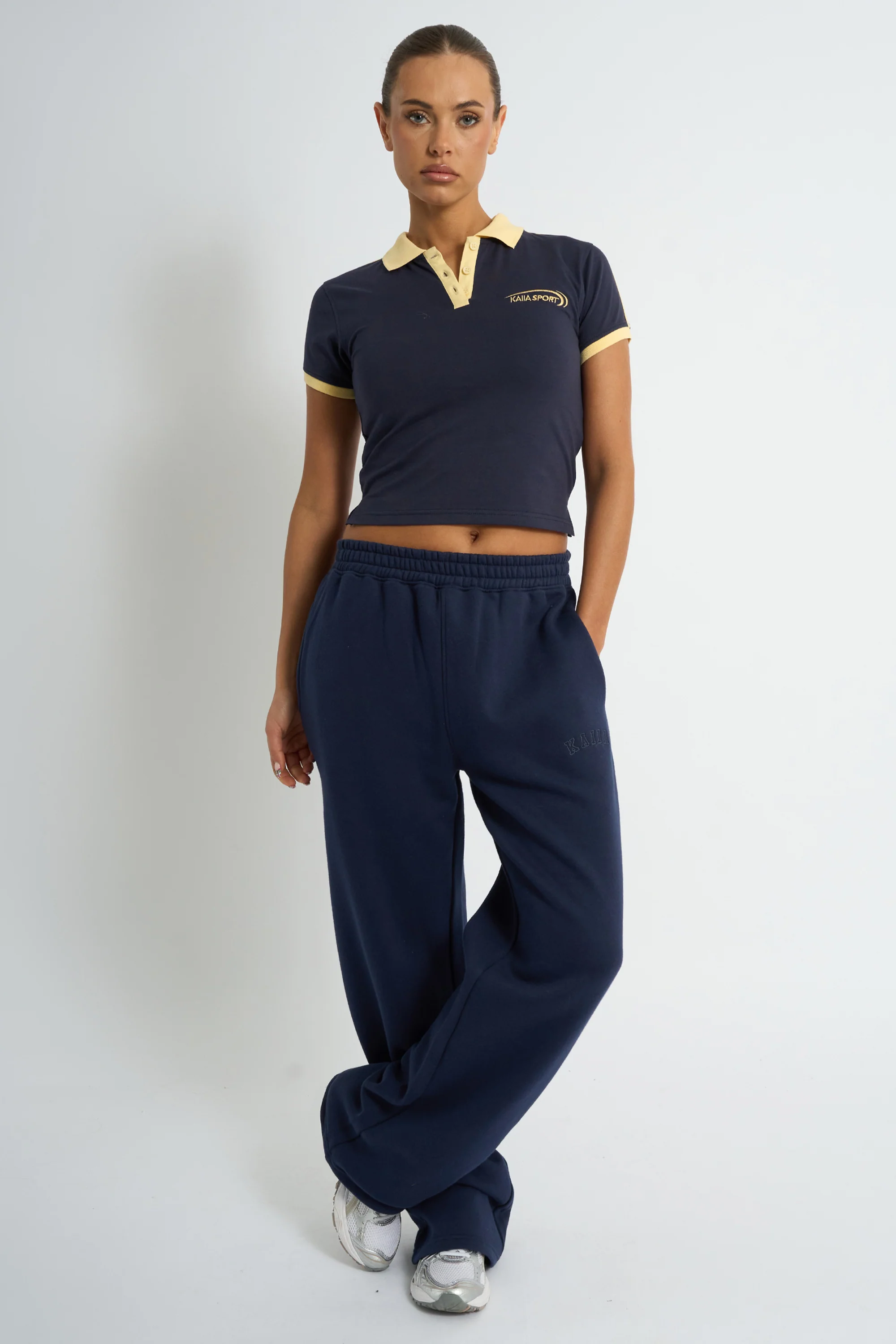 Kaiia Collar Detail Baby Tee Navy & Yellow - Image 3