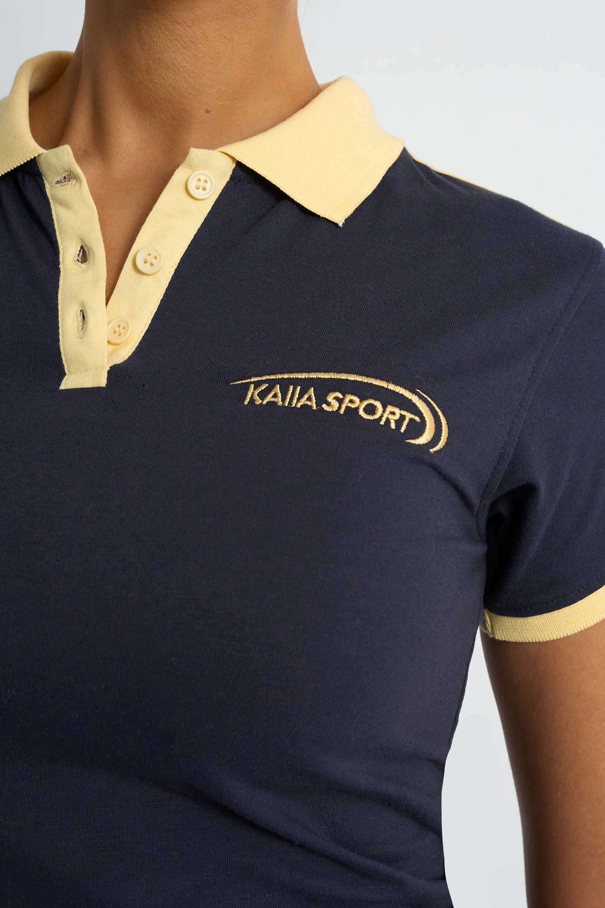 Kaiia Collar Detail Baby Tee Navy & Yellow - Image 4
