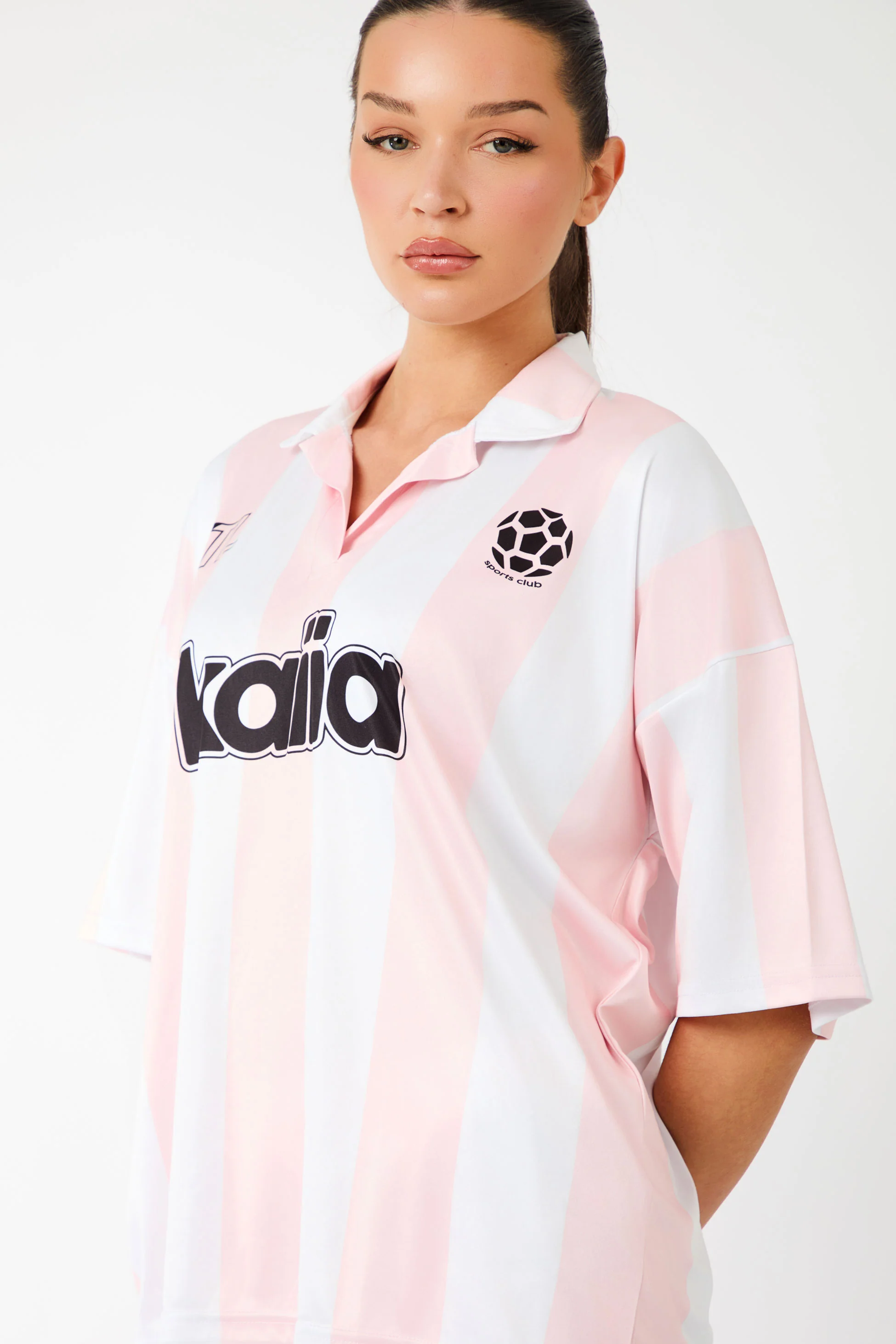 Kaiia Collared Oversized Football Shirt Pink Stripe - Image 6