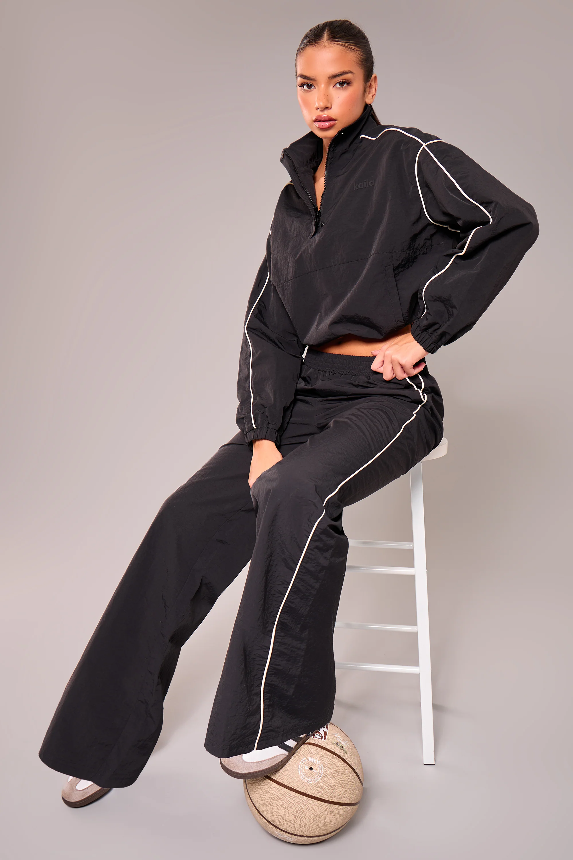 Kaiia Contrast Piping Wide Leg Trousers Black