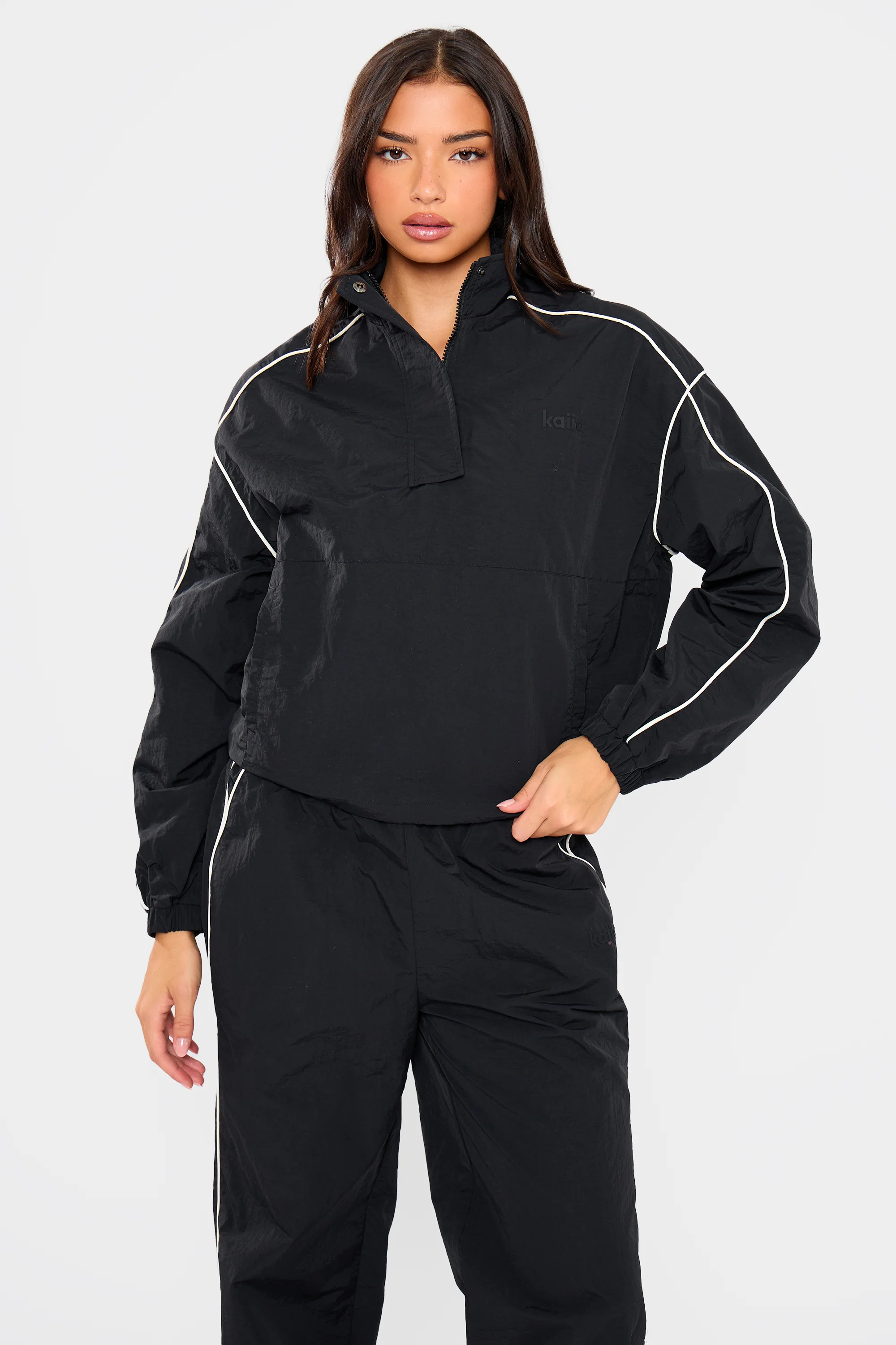 Kaiia Contrast Piping Quarter Zip Track Jacket Black - Image 2