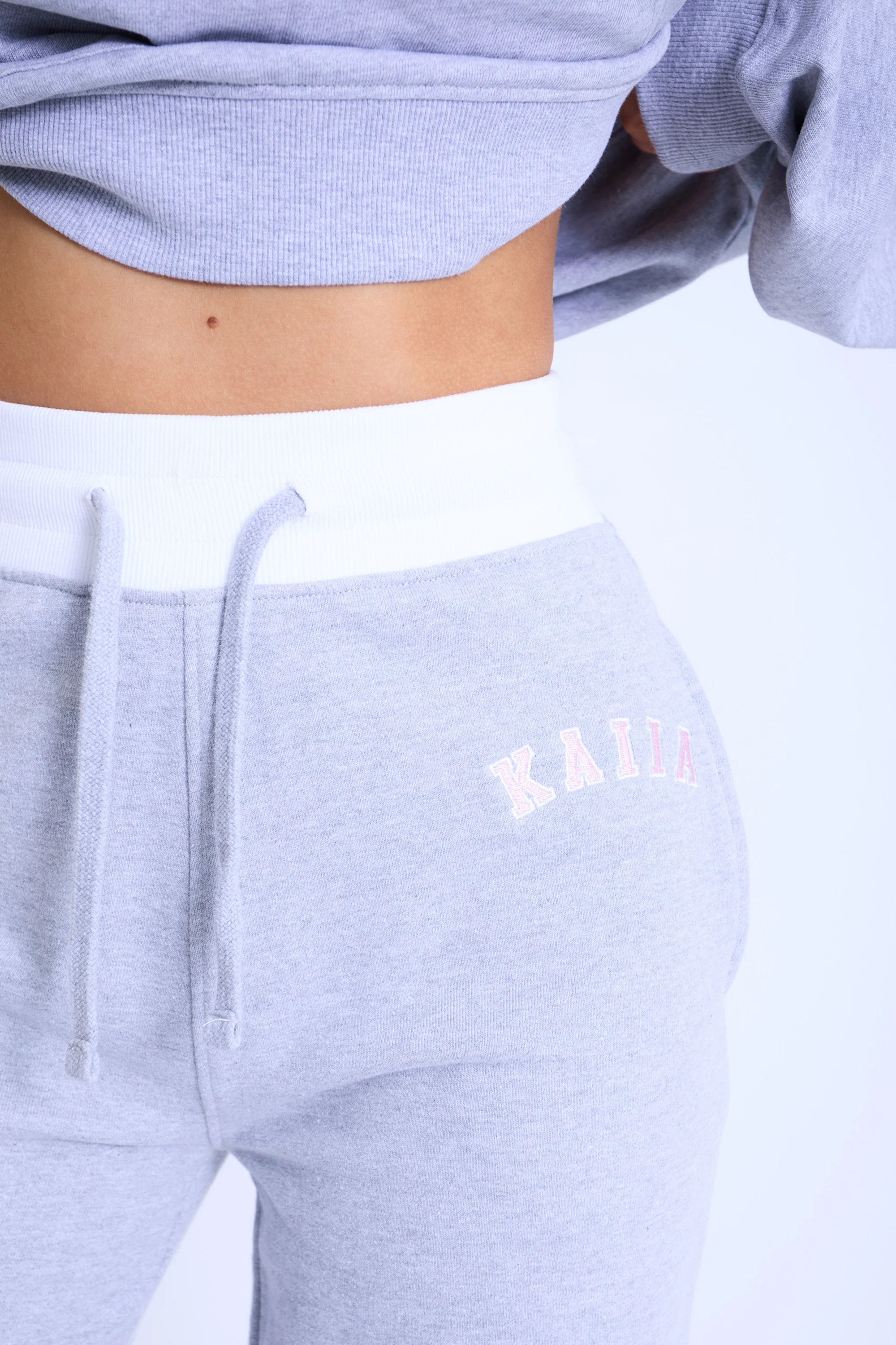 Kaiia Contrast Waistband Wide Leg Sweat Pants Grey Marl & Pink - Image 2