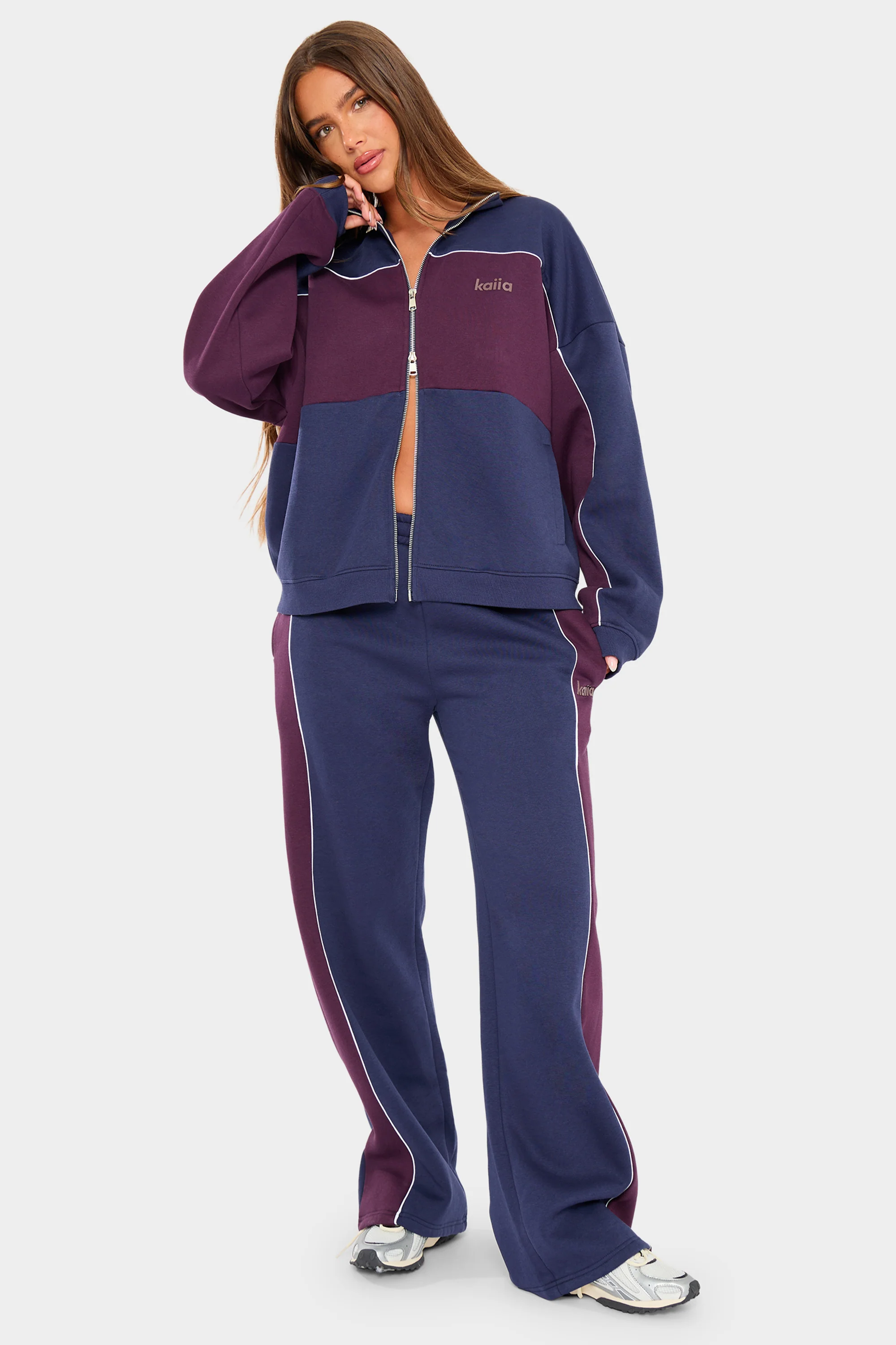 Kaiia Contrast Wide Leg Joggers Navy & Burgundy - Image 7