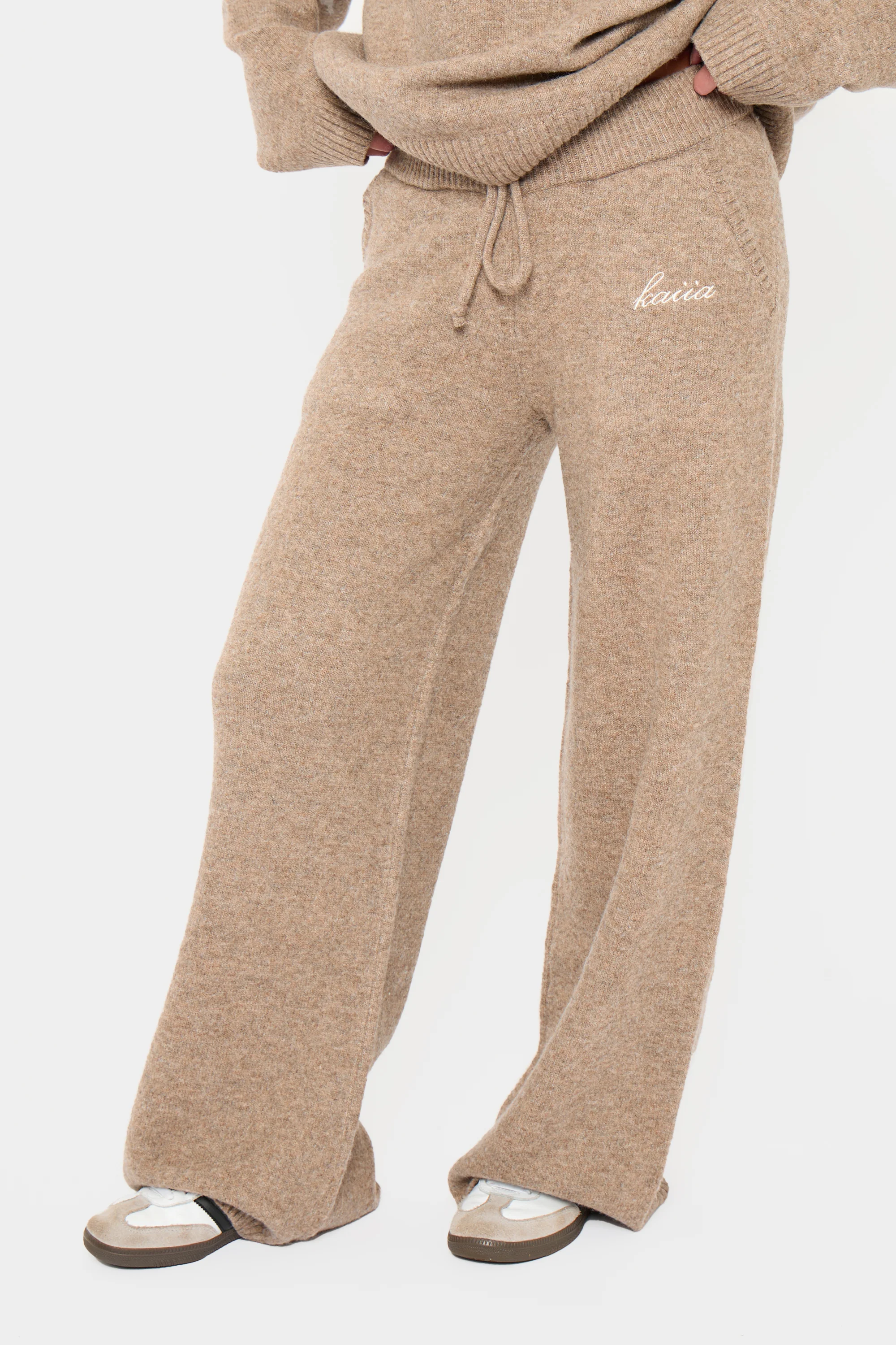 Kaiia Drawstring Wide Leg Trousers Taupe Marl - Image 3