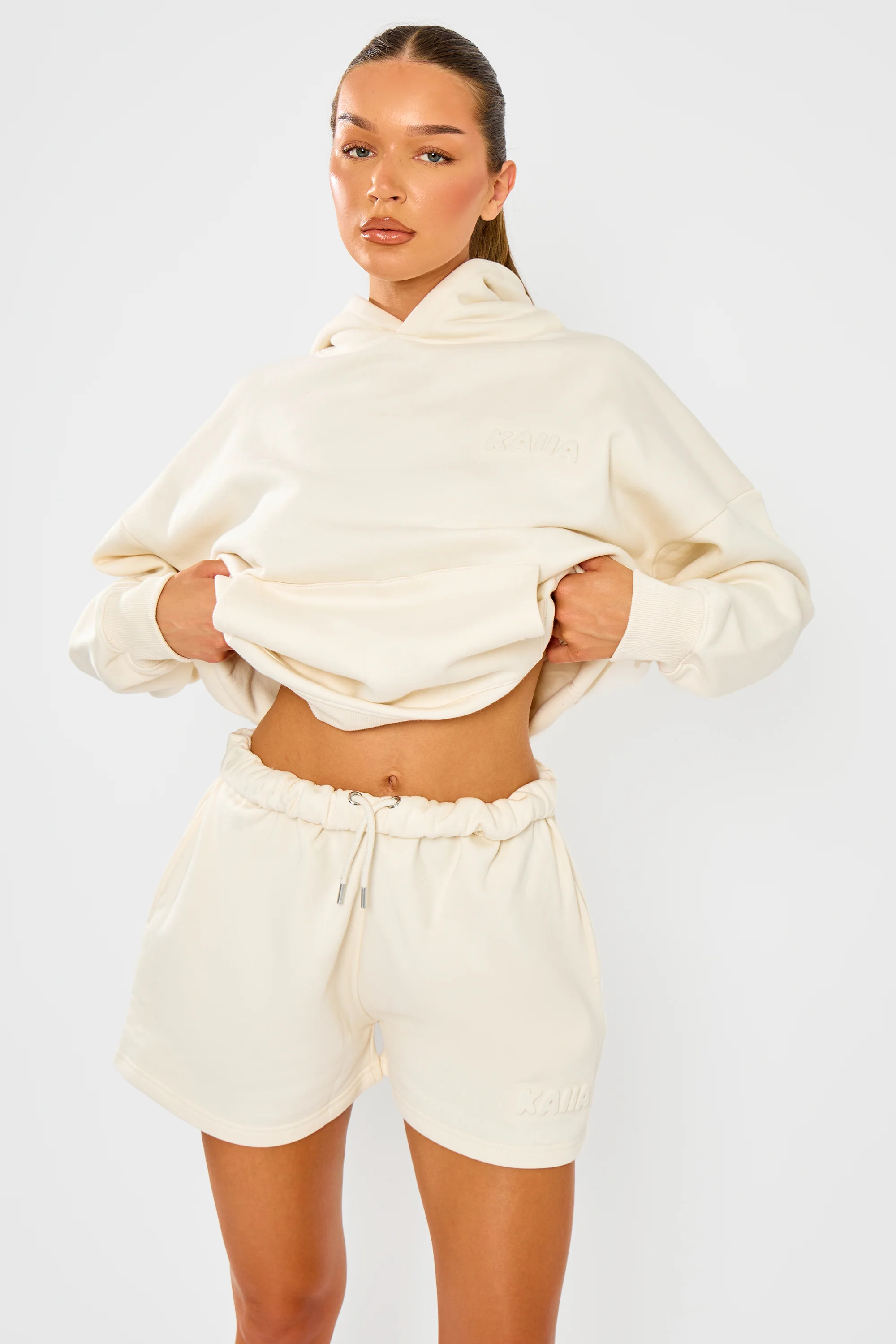 Kaiia Embossed Bubble Logo Mini Sweat Shorts Almond Milk - Image 3