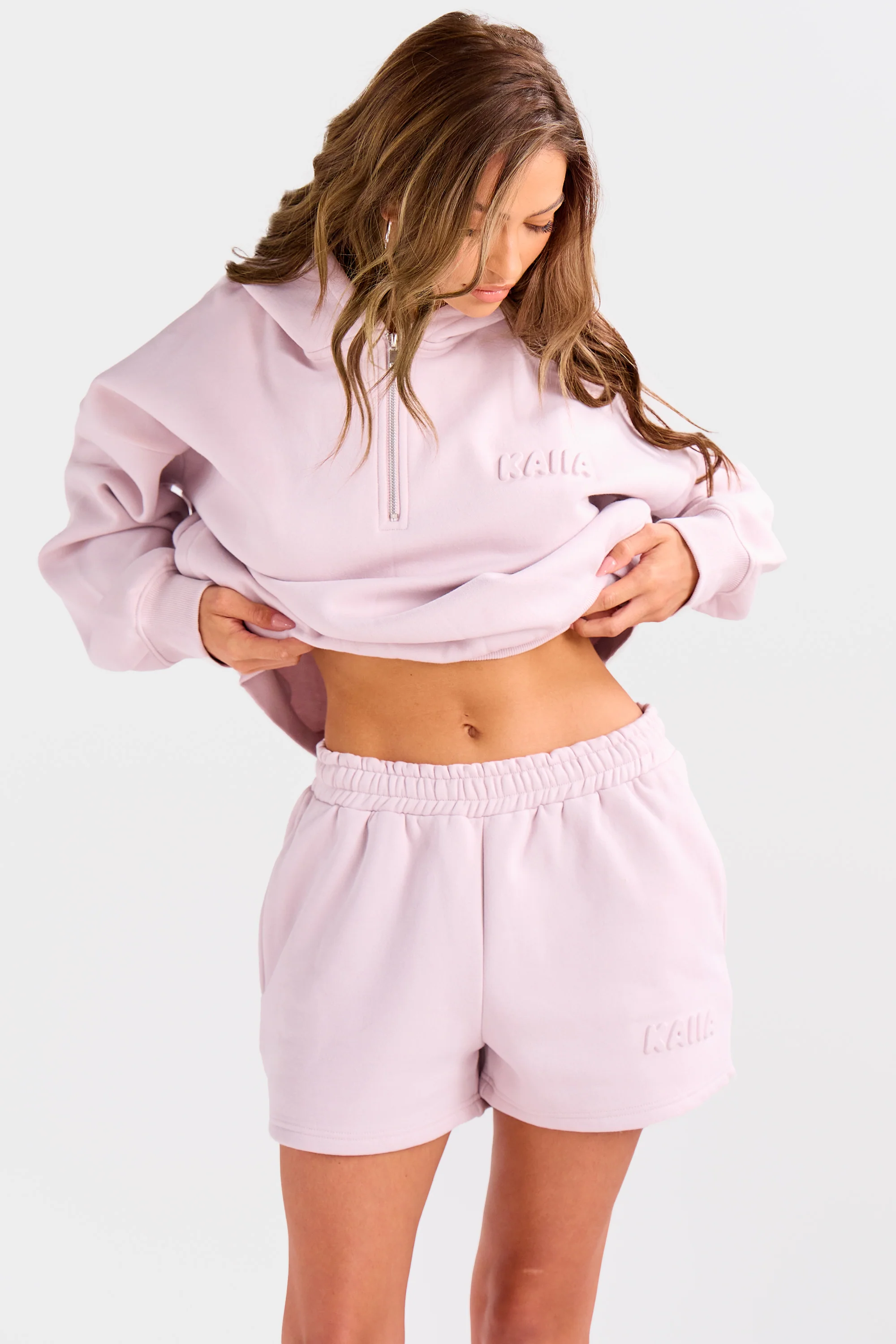Kaiia Embossed Bubble Logo Quarter Zip Oversized Hoodie Pale Dusty Lilac - Image 8