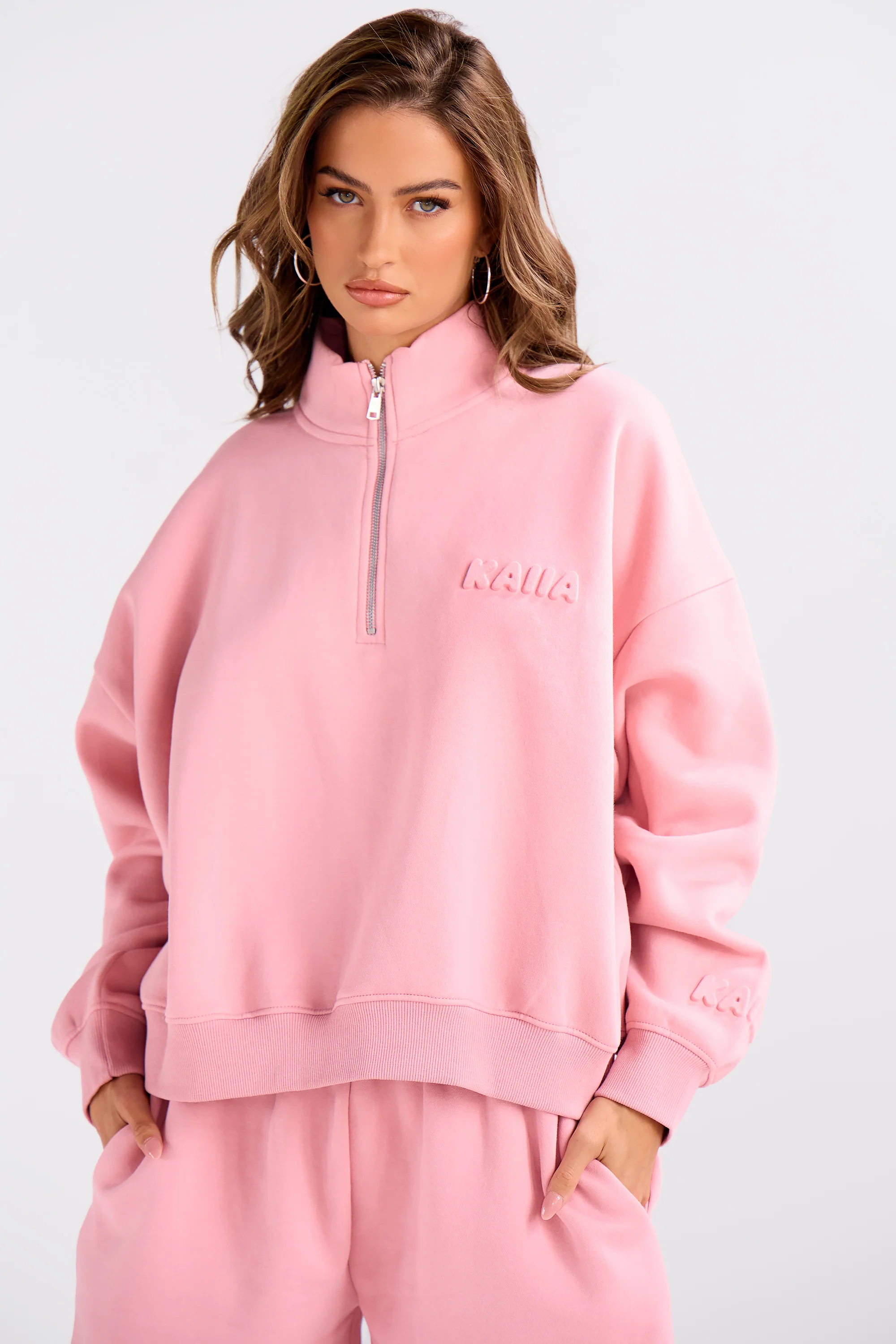 Kaiia Embossed Bubble Logo Quarter Zip Oversized Sweatshirt Dusty Rose - Image 7