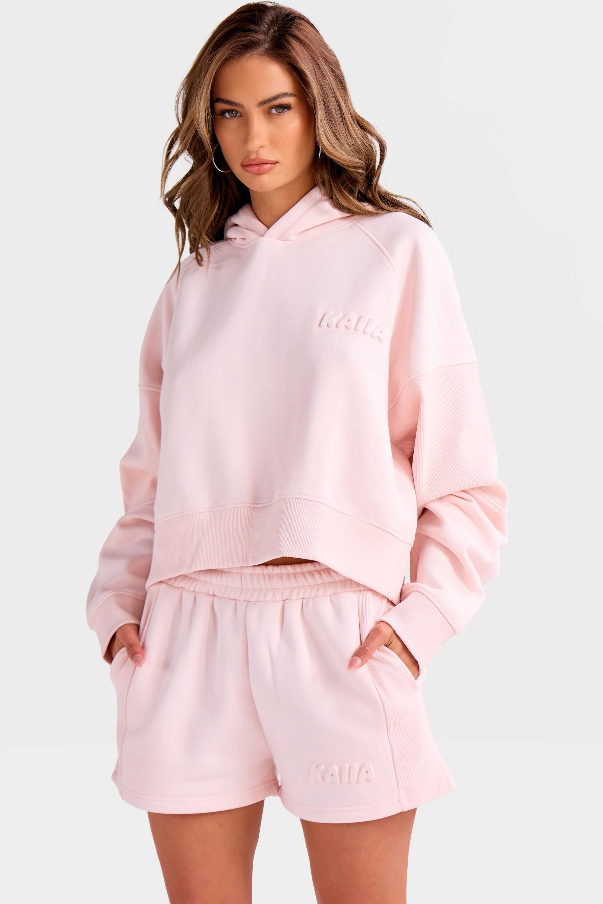 Kaiia Embossed Bubble Logo Rib Panel Cropped Hoodie Light Rose - Image 4