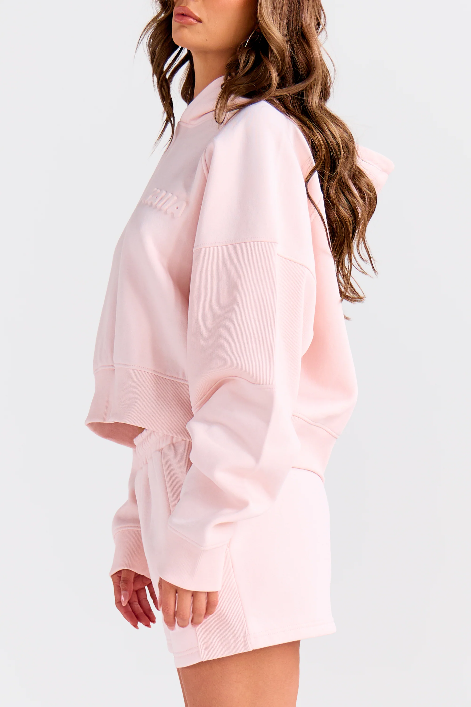 Kaiia Embossed Bubble Logo Rib Panel Cropped Hoodie Light Rose - Image 5