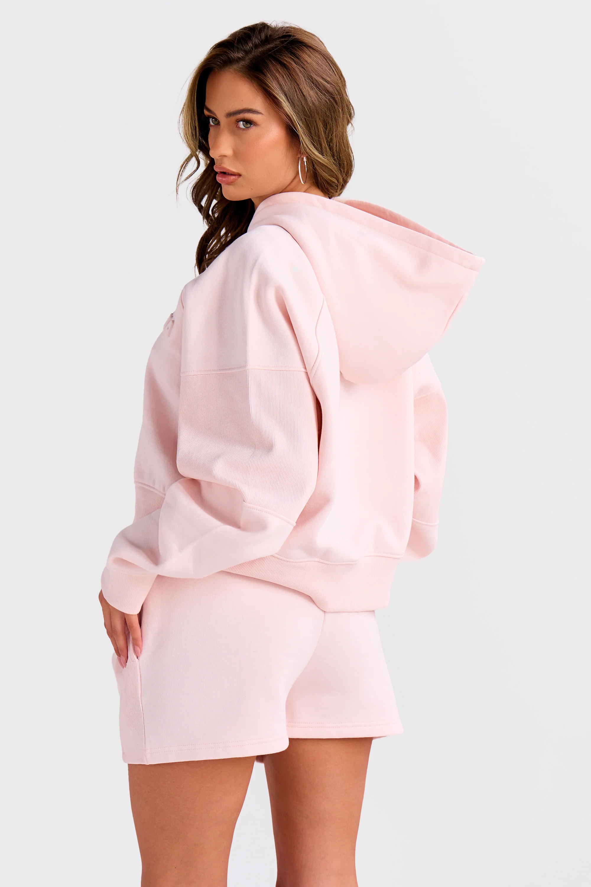 Kaiia Embossed Bubble Logo Rib Panel Cropped Hoodie Light Rose - Image 7
