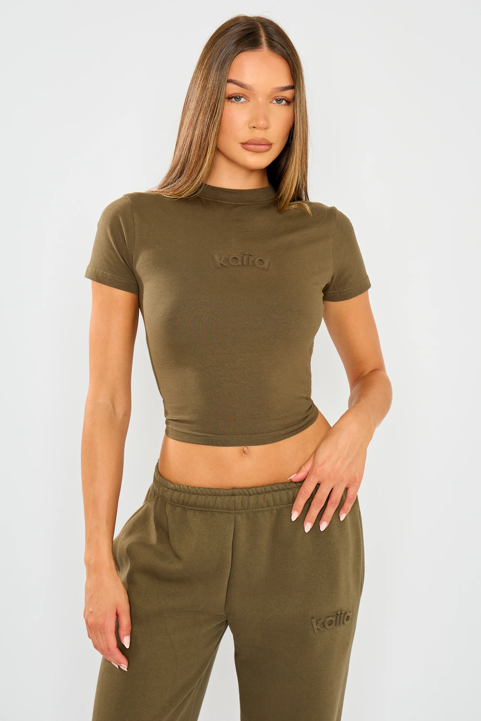 Kaiia Embossed Logo Baby Tee Olive