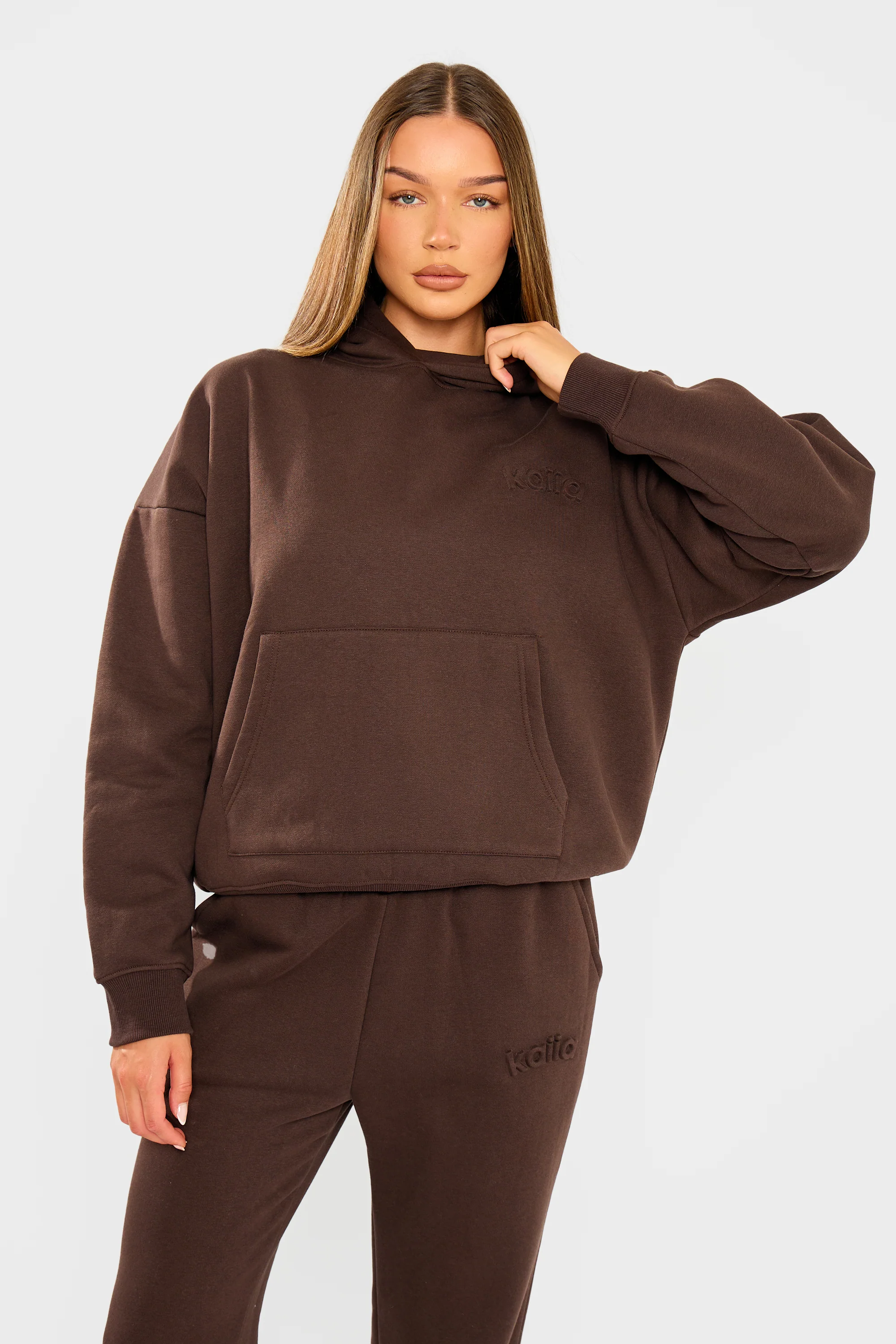 Kaiia Embossed Logo Oversized Hoodie Bitter Chocolate - Image 5