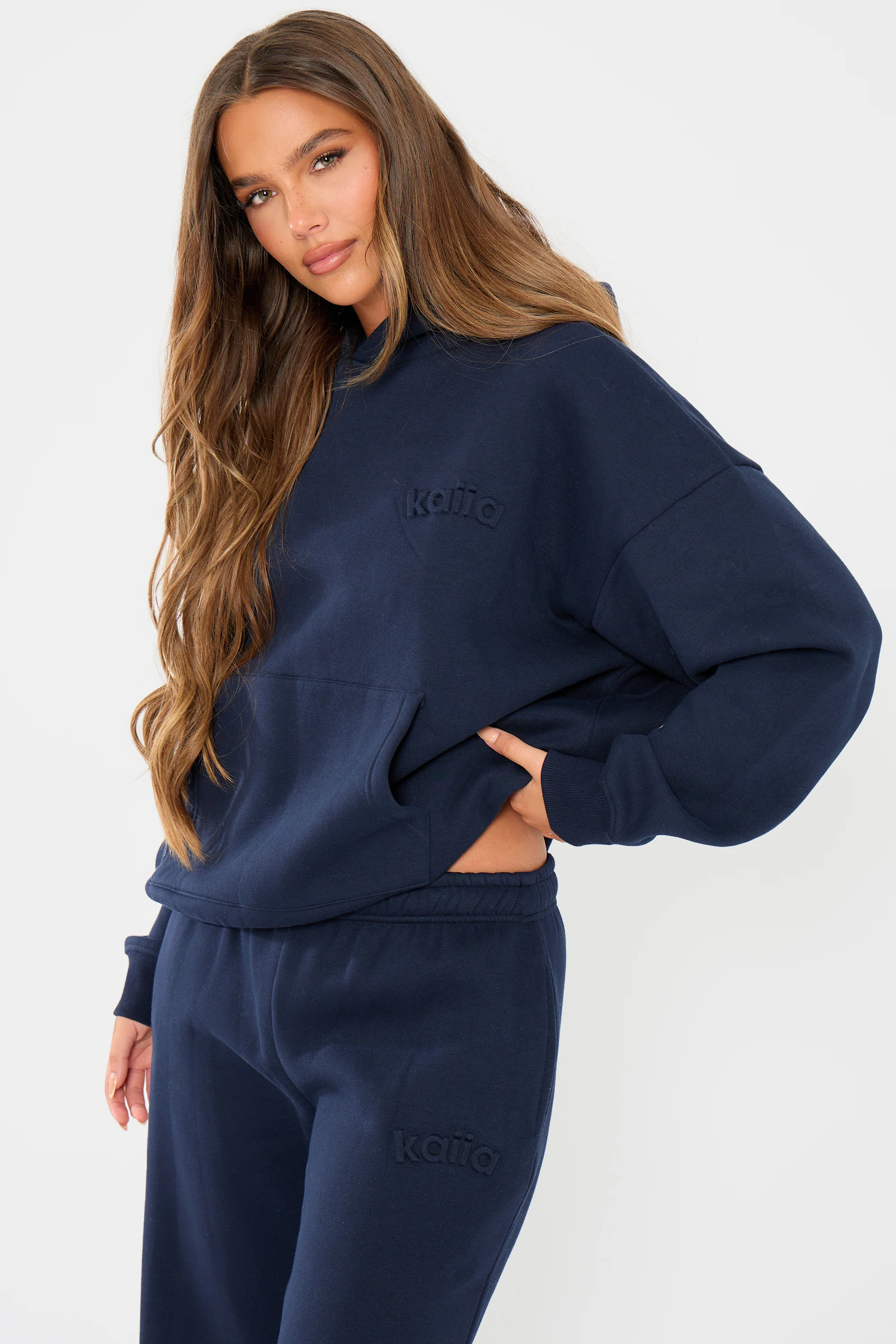 Kaiia Embossed Logo Oversized Hoodie Navy - Image 4