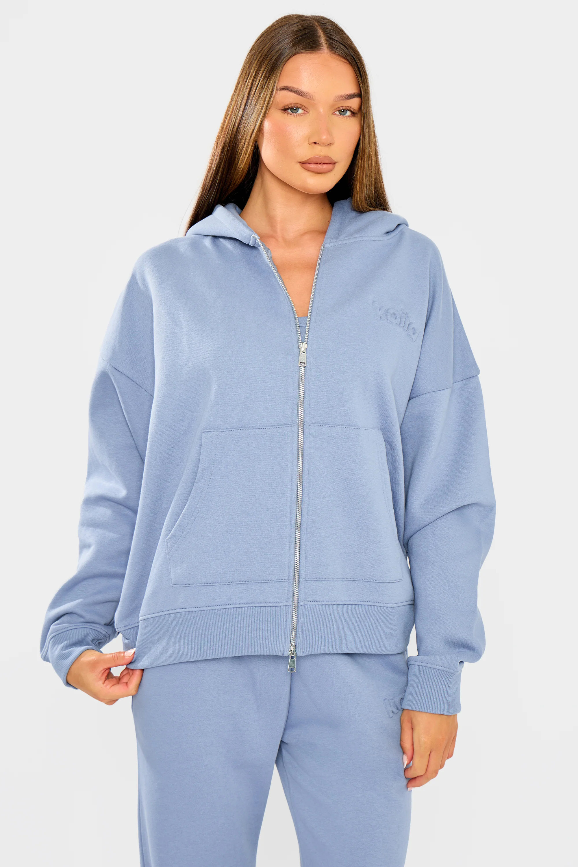 Kaiia Embossed Logo Oversized Zip Hoodie Vintage Blue - Image 4