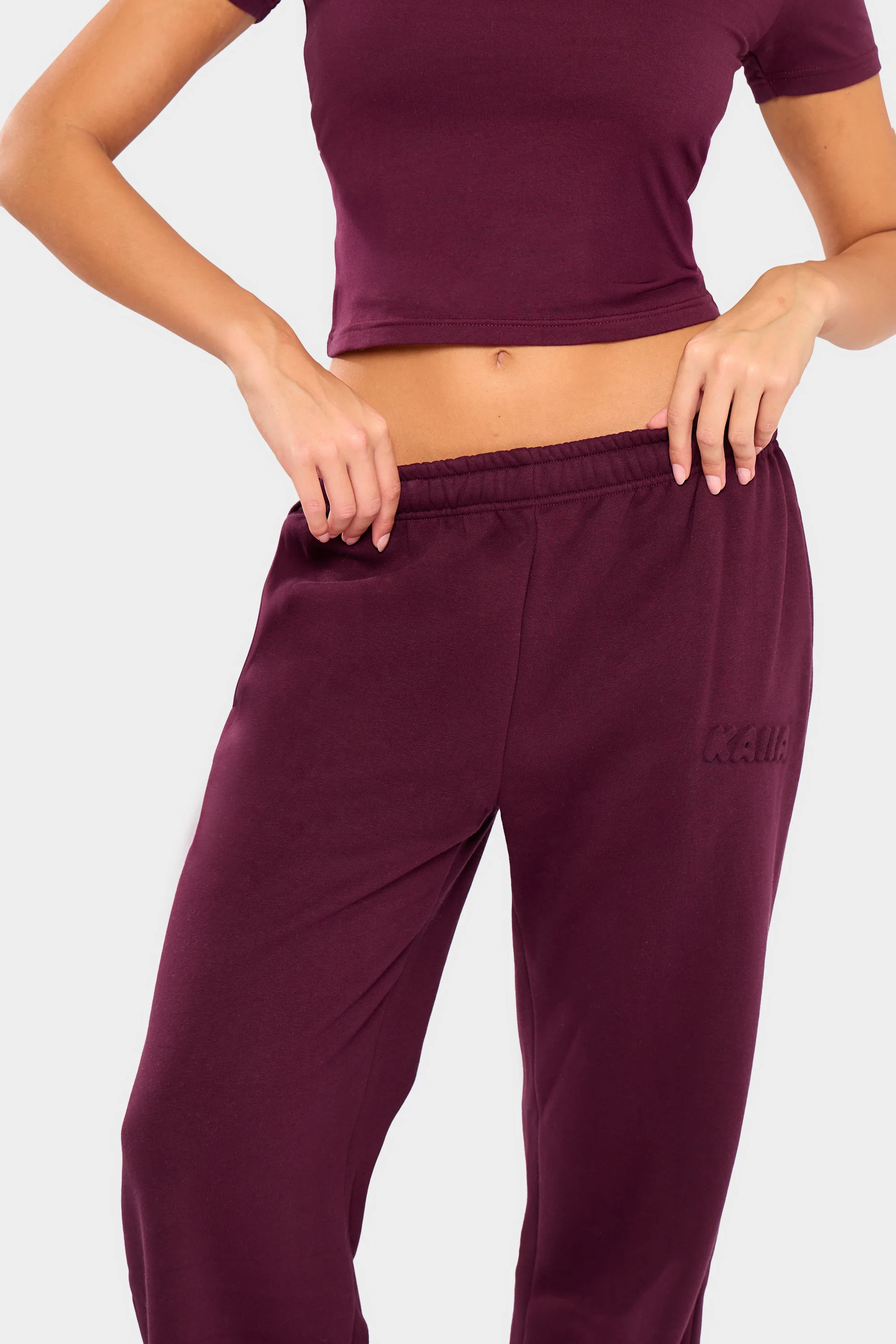 Kaiia Embossed Bubble Logo Wide Leg Joggers Deep Merlot Burgundy - Image 2