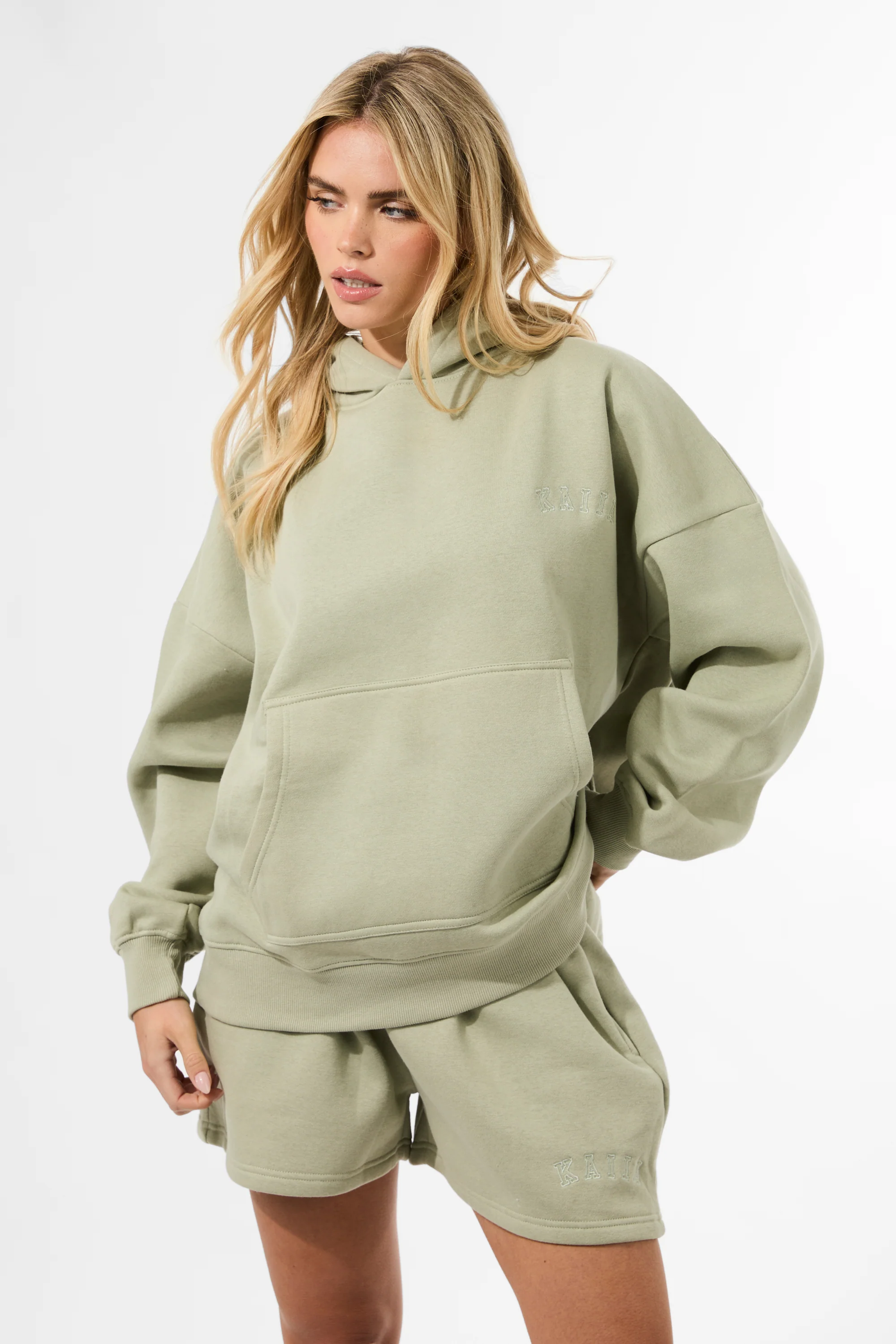 Kaiia Logo Embossed Oversized Hoodie Light Sage - Image 2