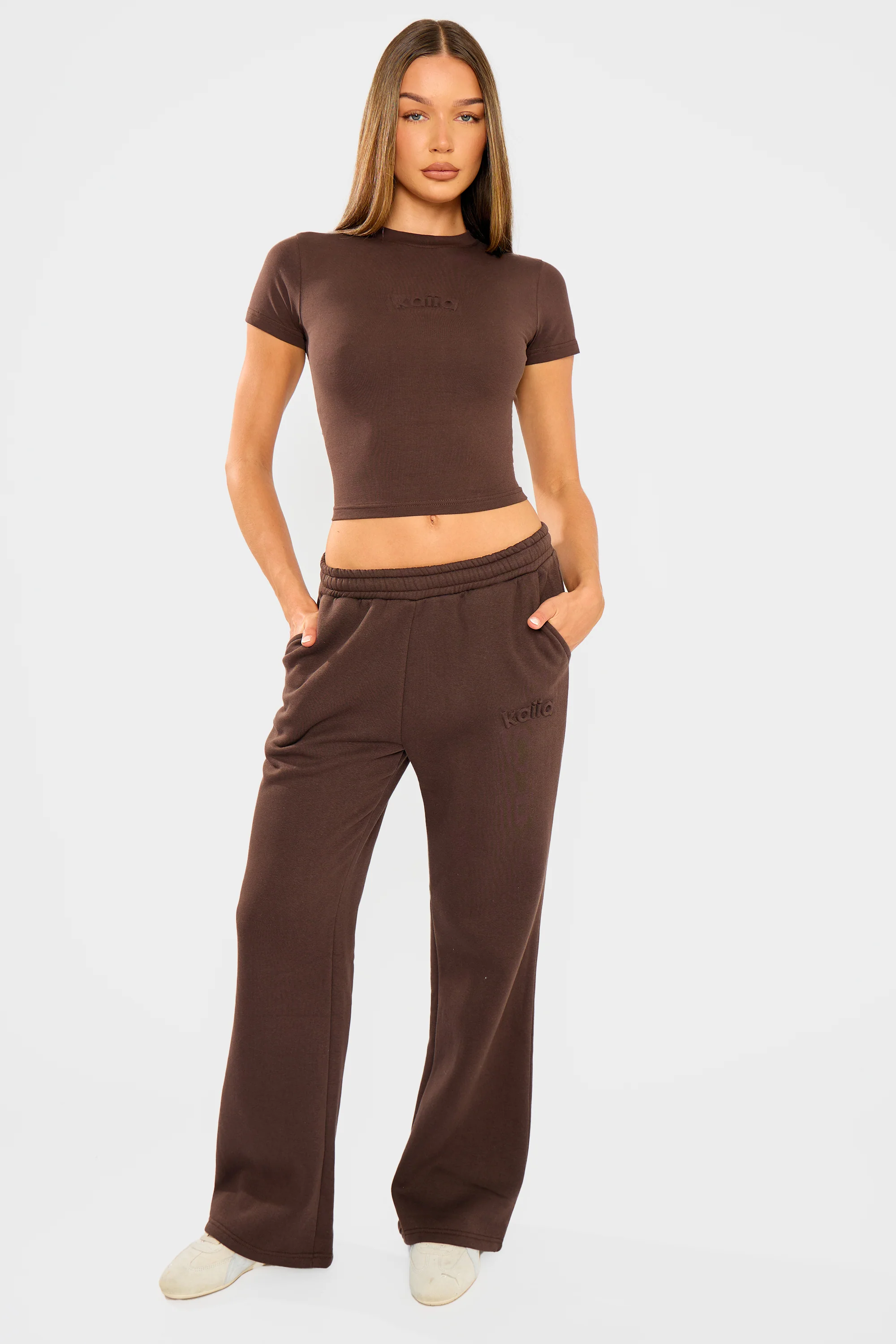 Kaiia Embossed Wide Leg Joggers Bitter Chocolate - Image 5