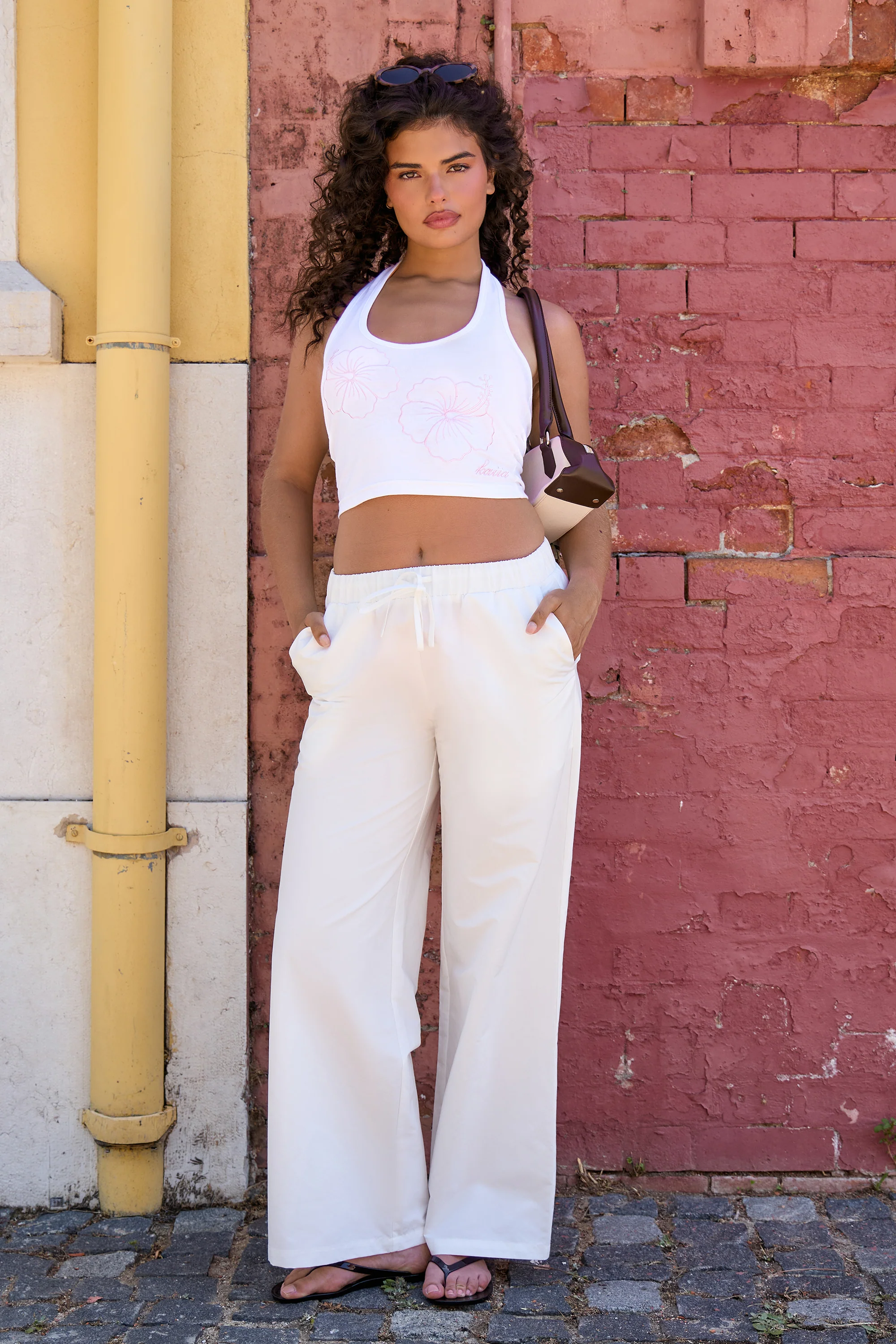 Kaiia Embroidered Flower Halterneck Top White - Image 3