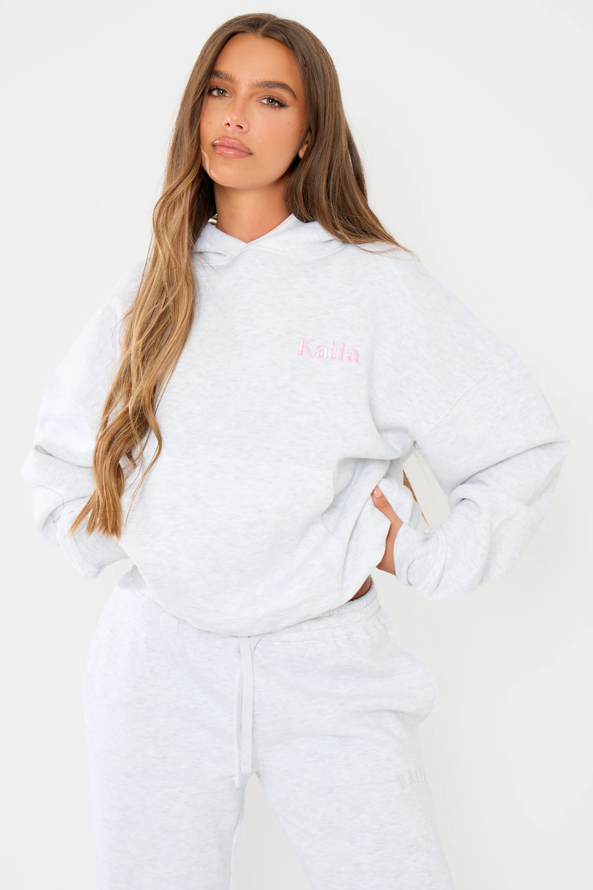 Kaiia Girly Back Graphic Oversized Hoodie Light Grey Marl - Image 9
