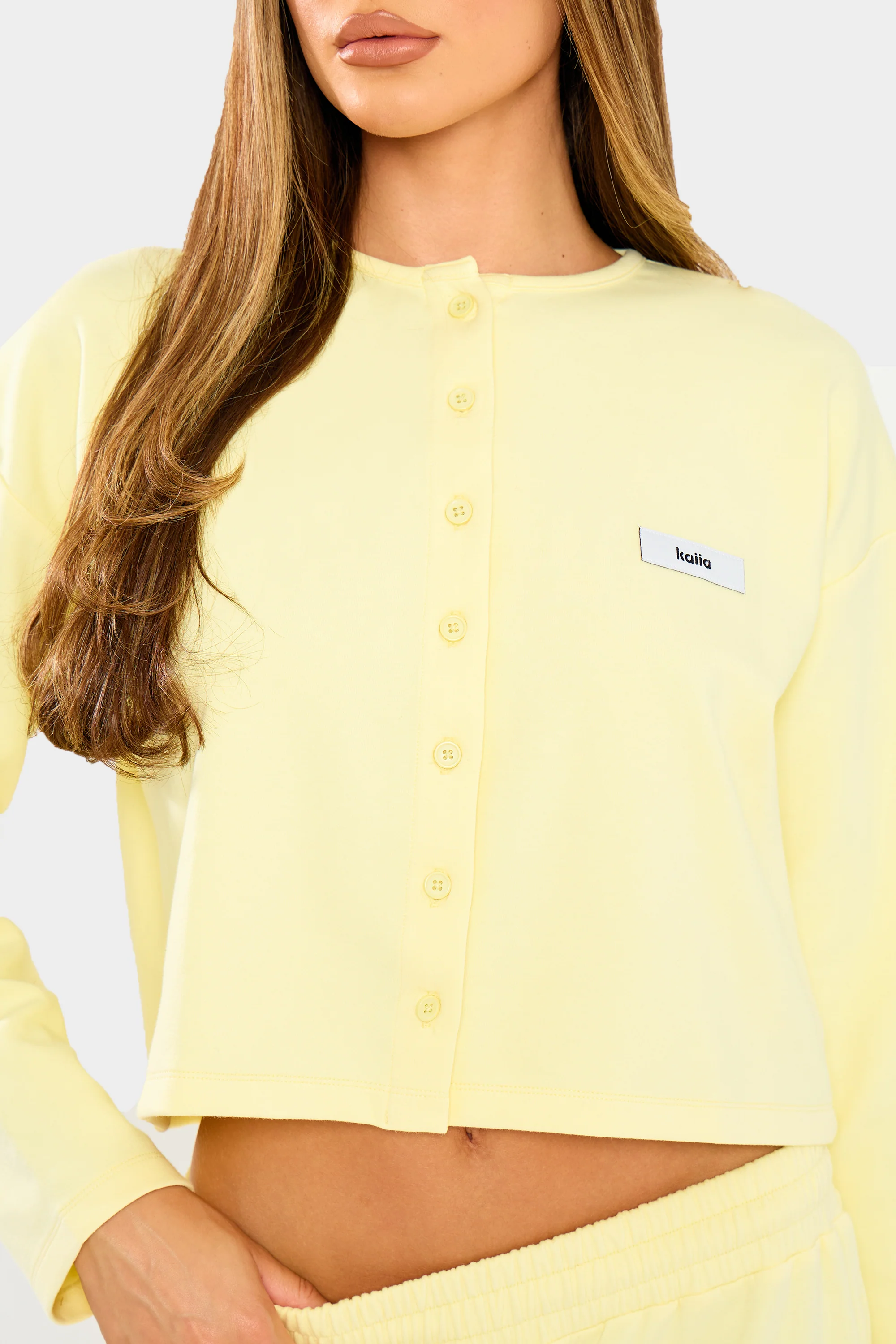 Kaiia Label Logo Premium Interlock Button Up Boxy T-Shirt Yellow - Image 2