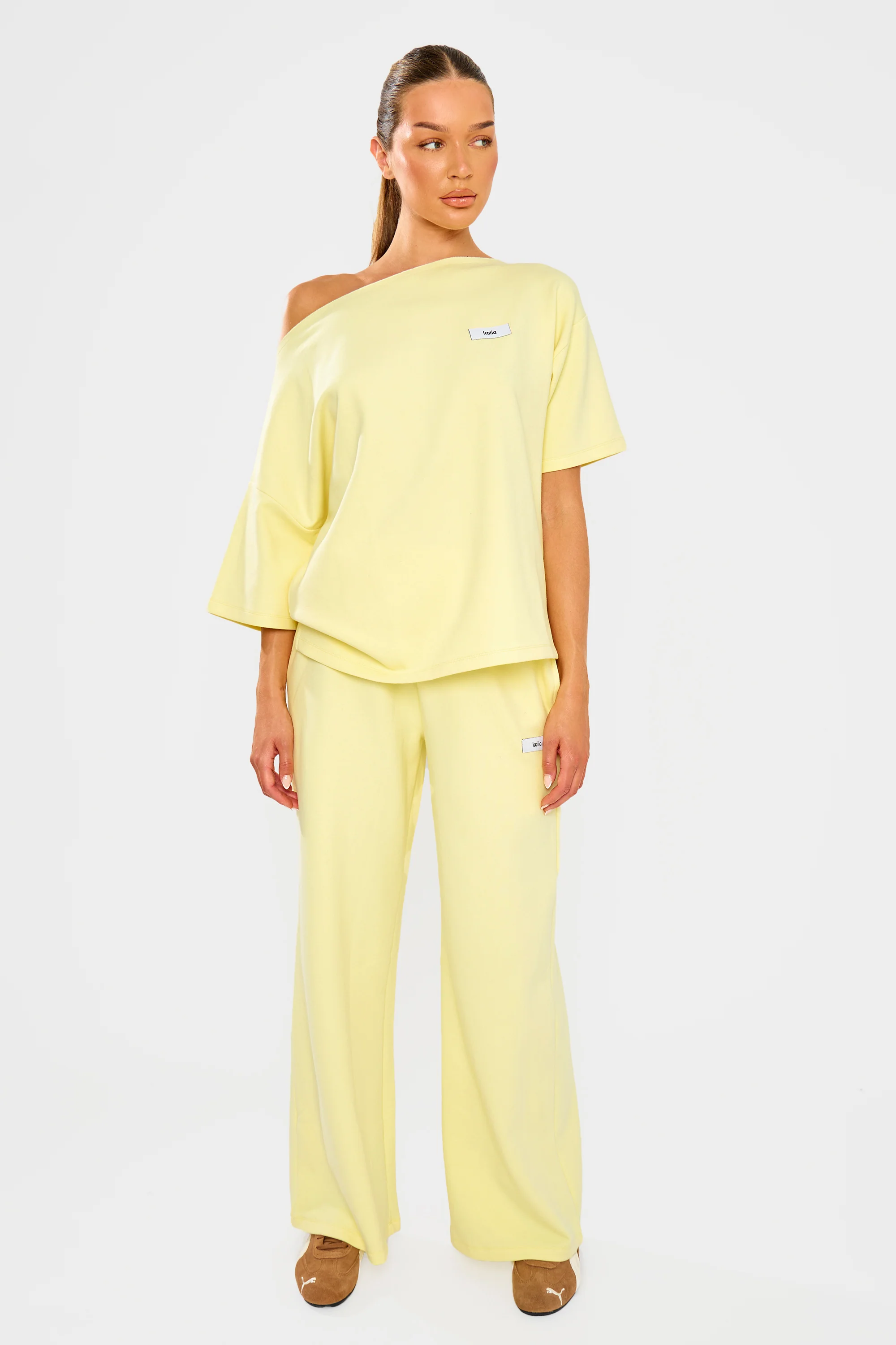 Kaiia Label Logo Premium Interlock Off The Shoulder Oversized T-Shirt Yellow - Image 3