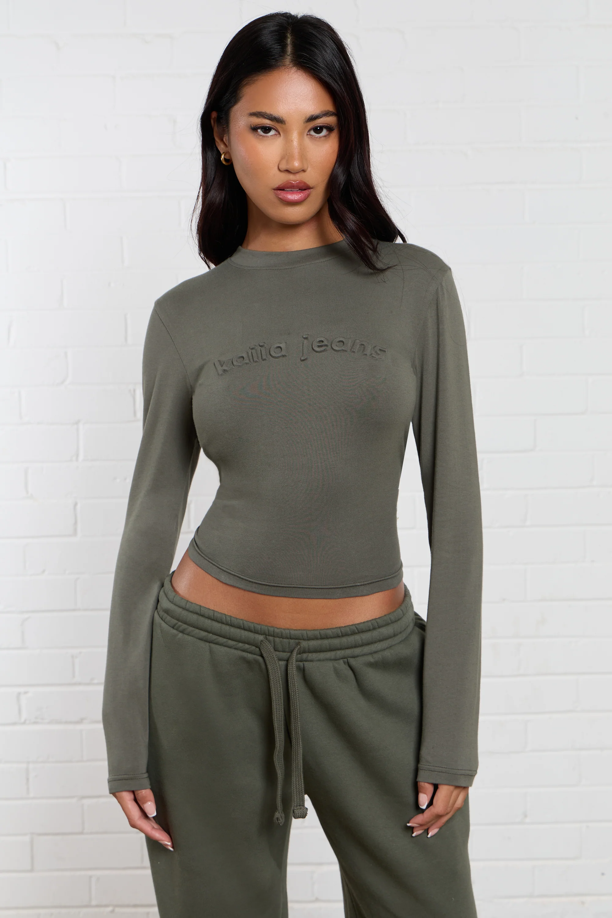 Kaiia Jeans Embossed Long Sleeve Baby Tee Smoke Olive
