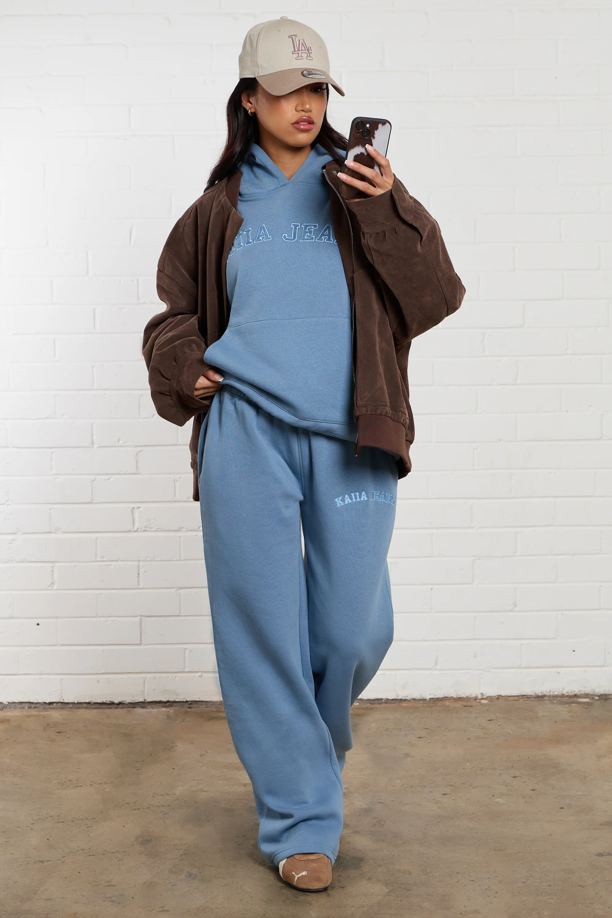 Kaiia Jeans Embroidered Wide Leg Joggers Denim Blue