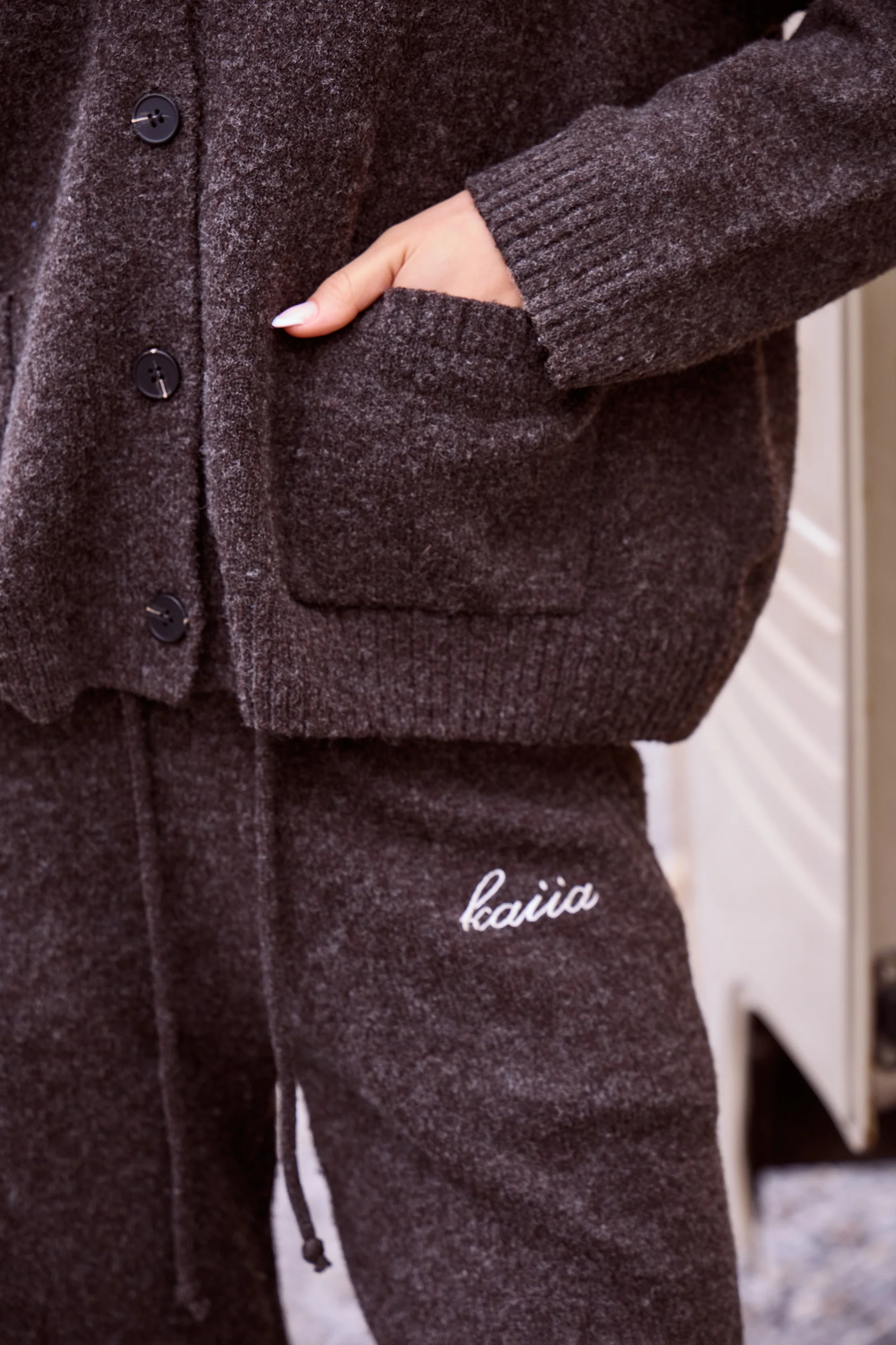 Kaiia Knit Button Down Pocket Cardigan Brown - Image 2