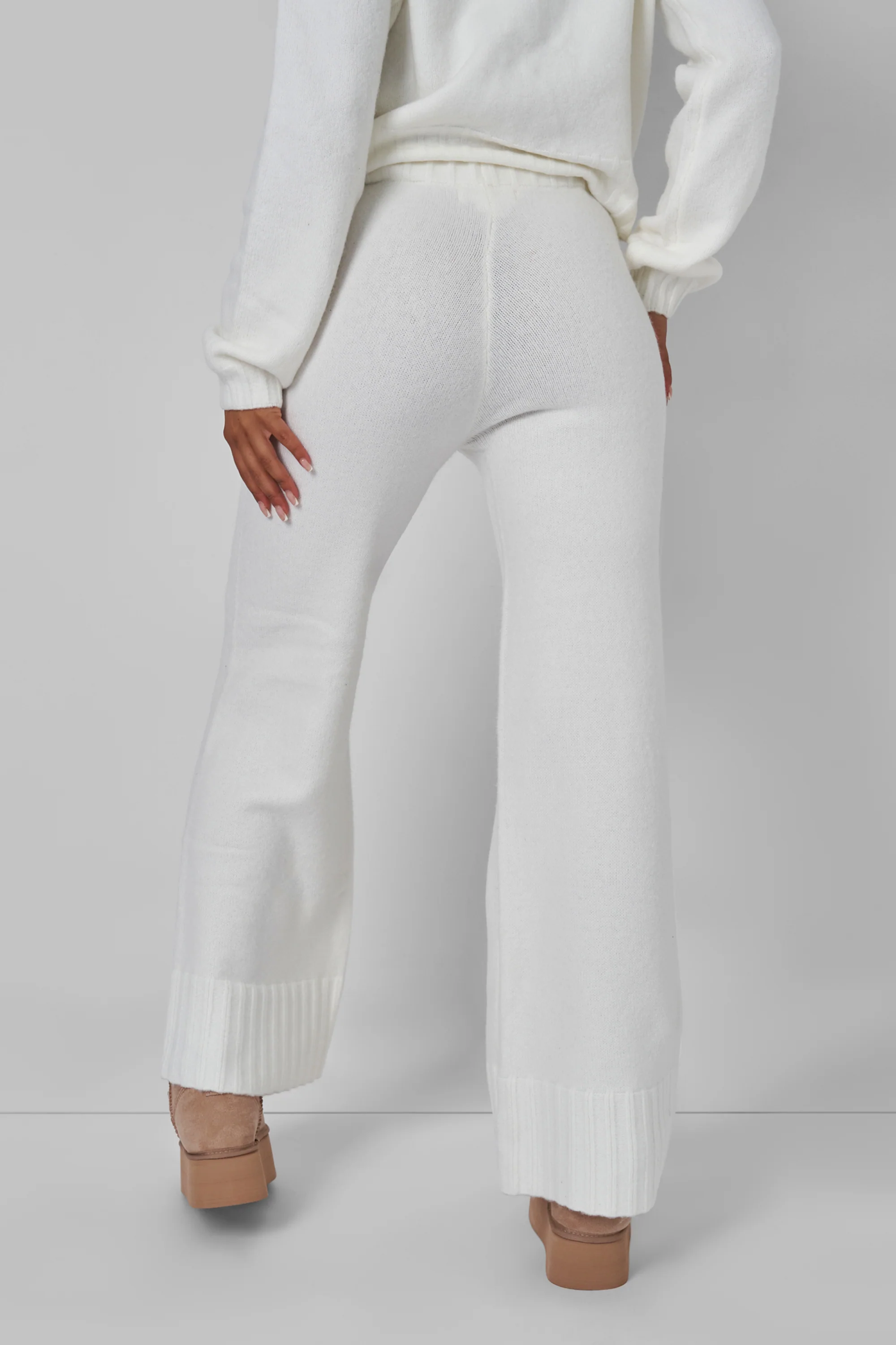 Kaiia Knitted Flared Trousers in Cream - Image 3