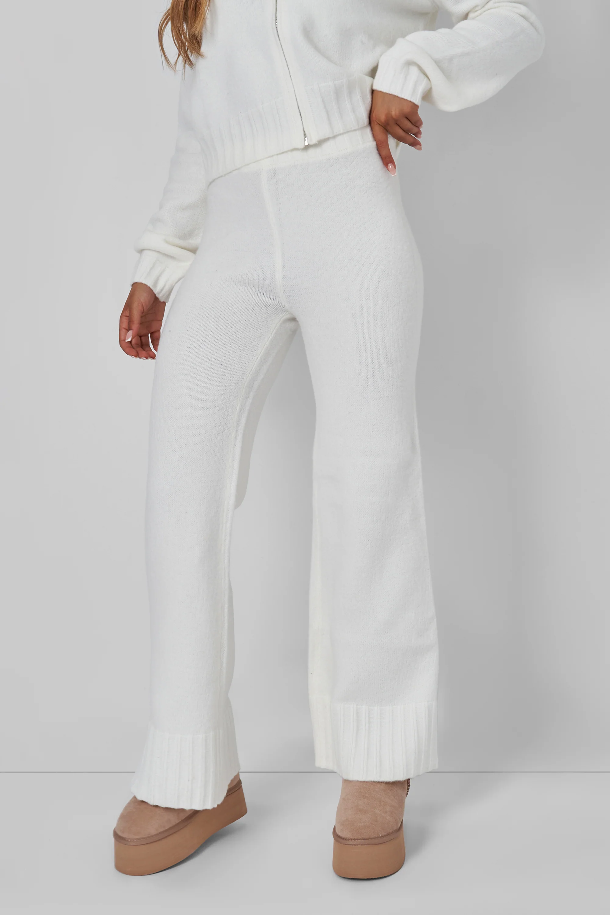 Kaiia Knitted Flared Trousers in Cream - Image 4