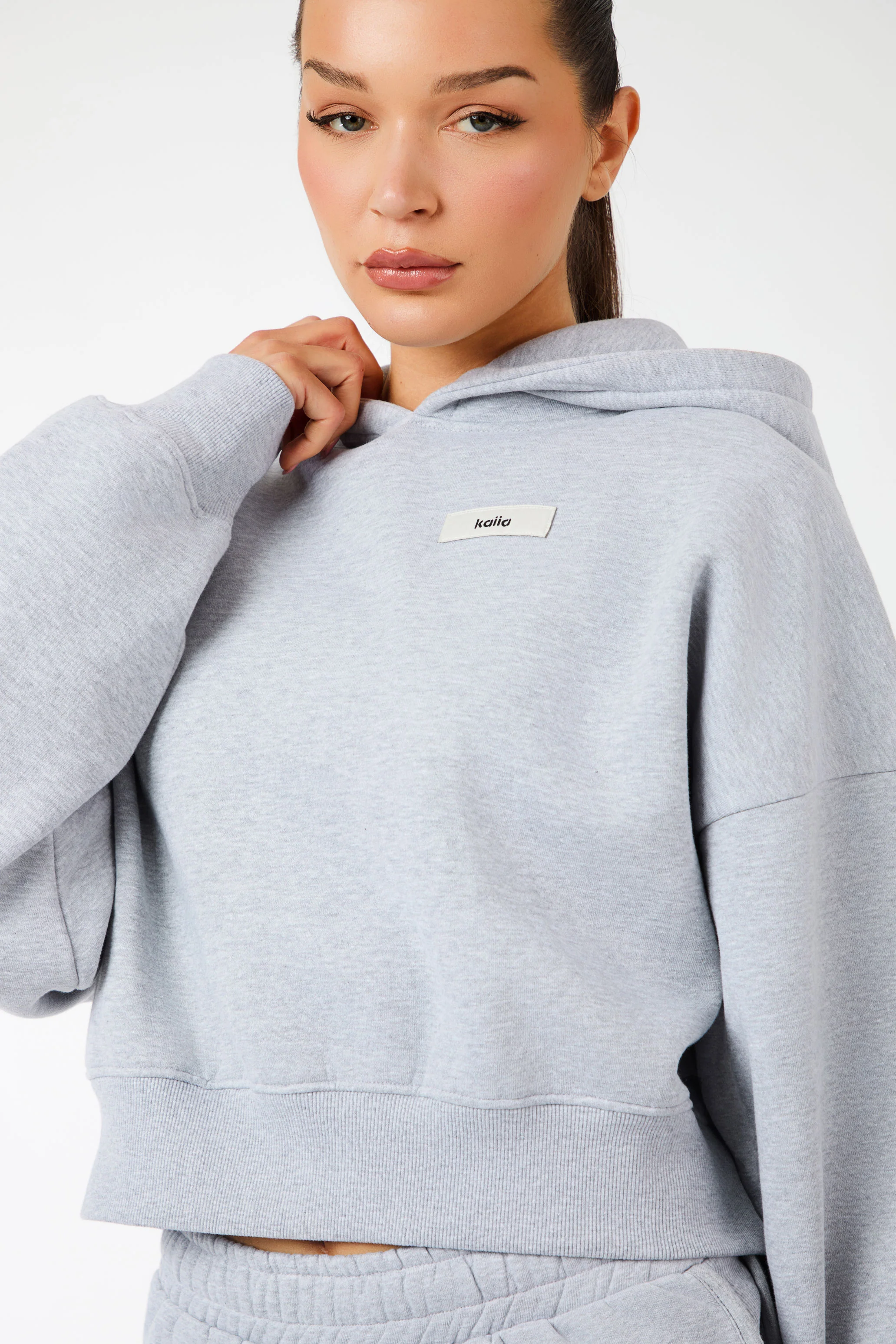 Kaiia Label Logo Cropped Oversized Hoodie Grey Marl - Image 2