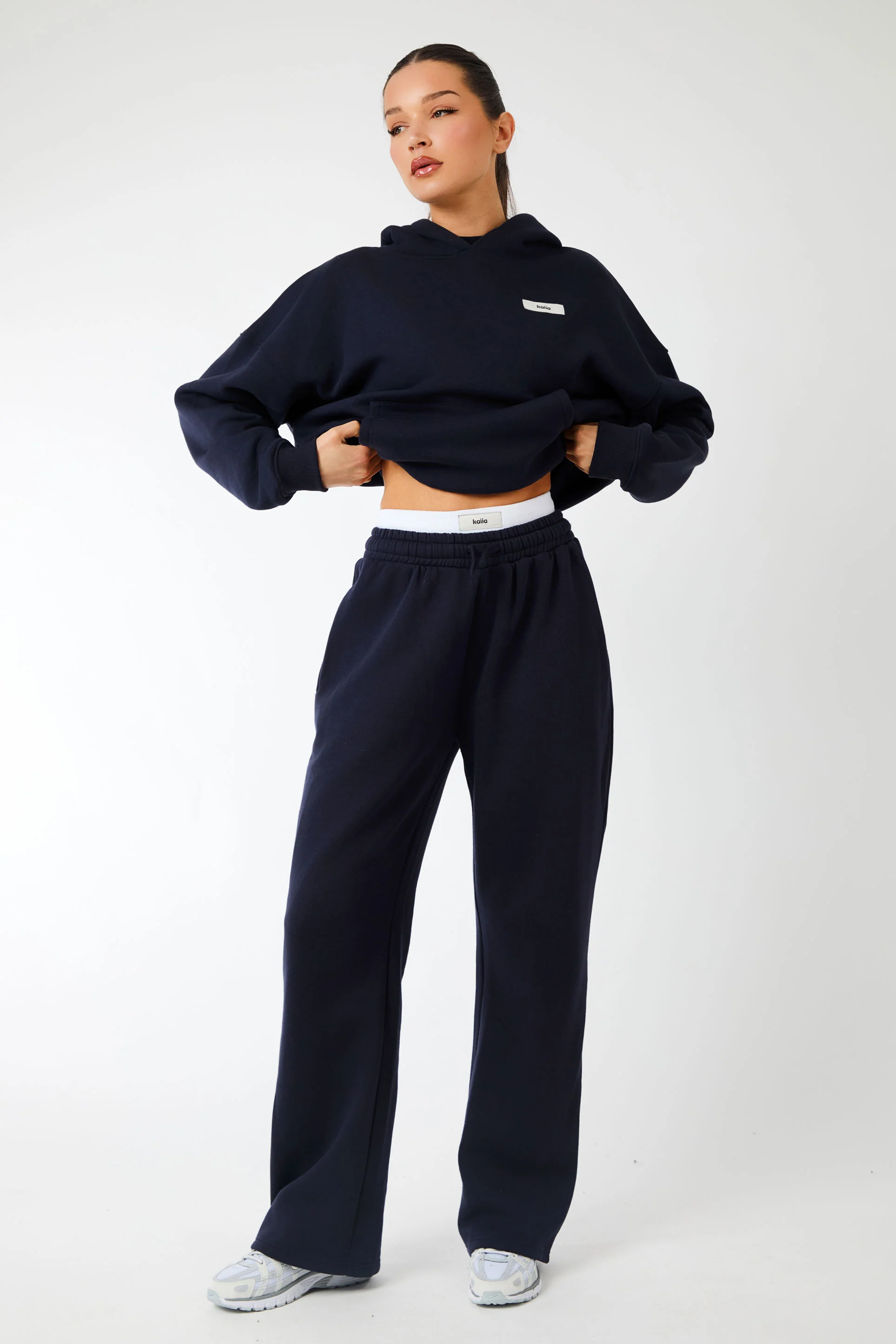 Kaiia Label Logo Exposed Waistband Wide Leg Joggers Navy - Image 4