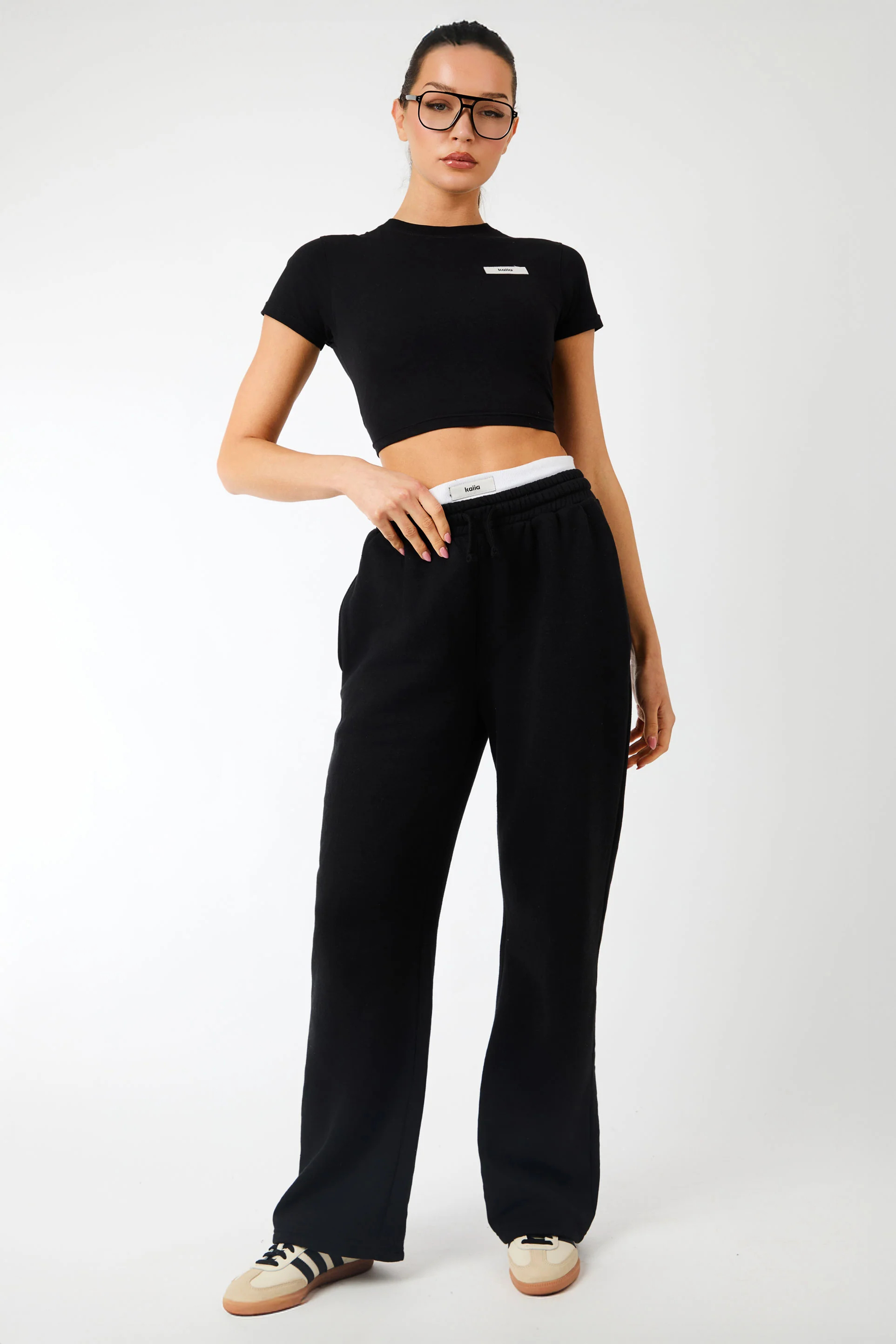 Kaiia Label Logo Exposed Waistband Wide Leg Joggers Navy - Image 5