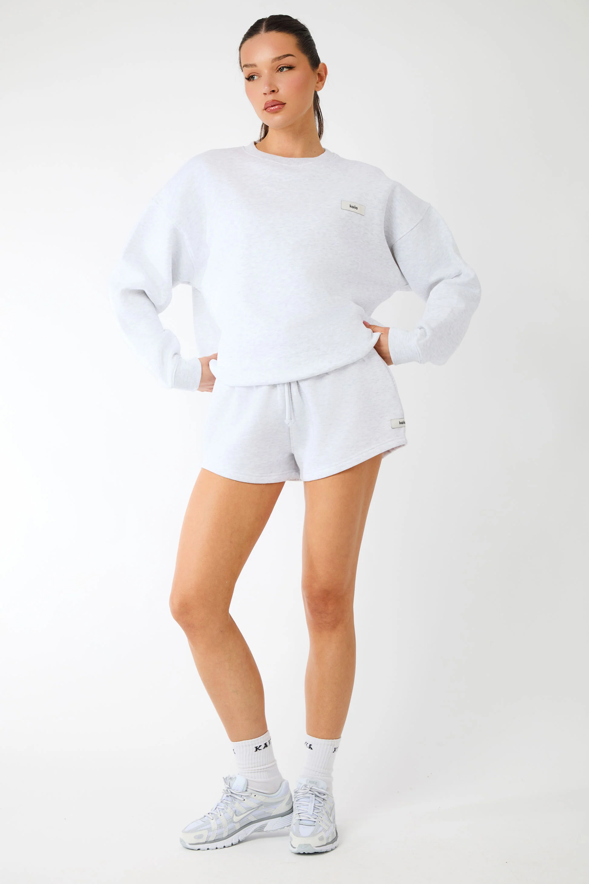 Kaiia Label Logo Mini Sweat Shorts Light Grey Marl - Image 5