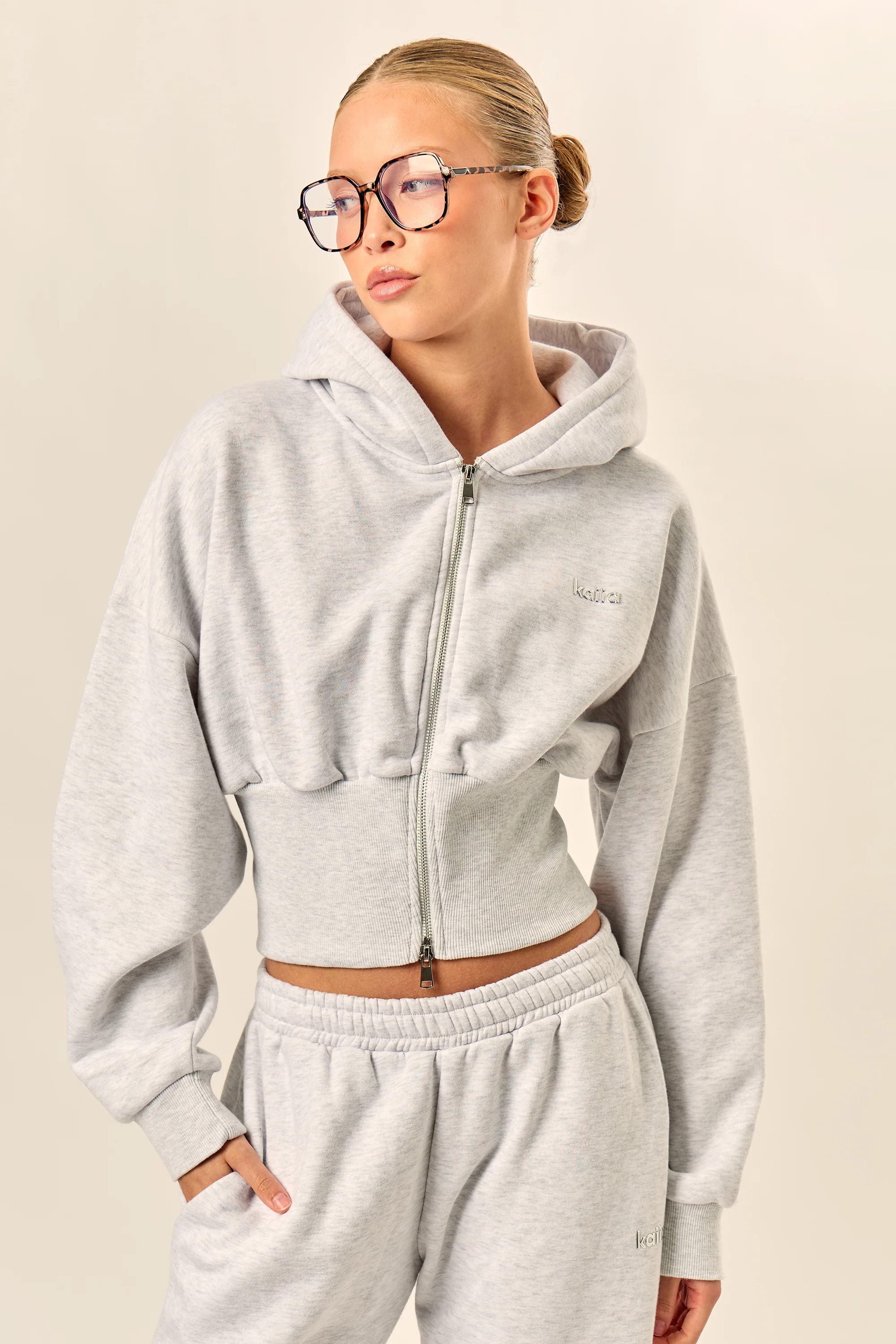 Kaiia Chrome Logo Corset Zip Through Hoodie Light Grey Marl - Image 10