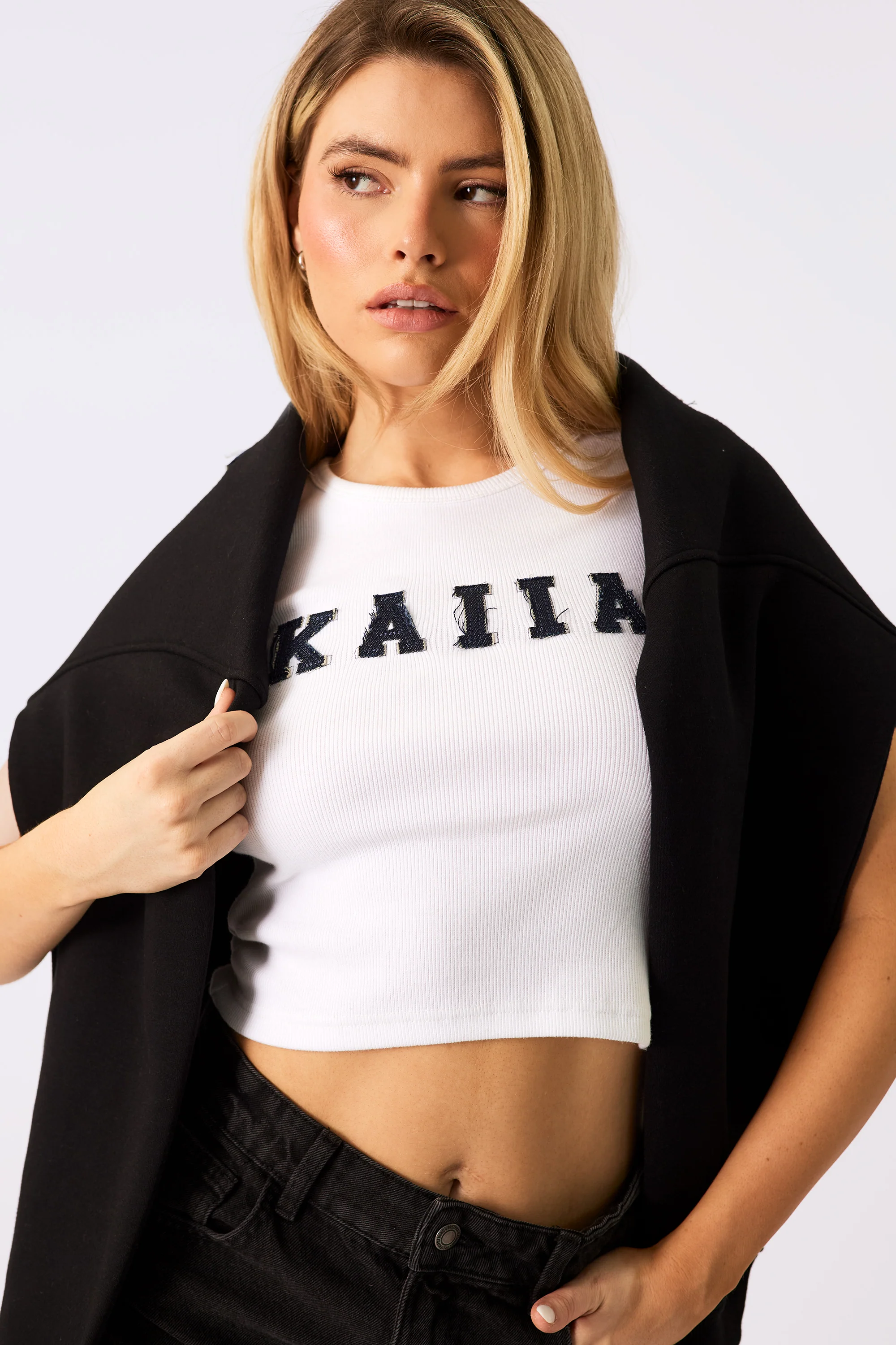 Kaiia Logo Denim Applique Ribbed Vest Top White - Image 4